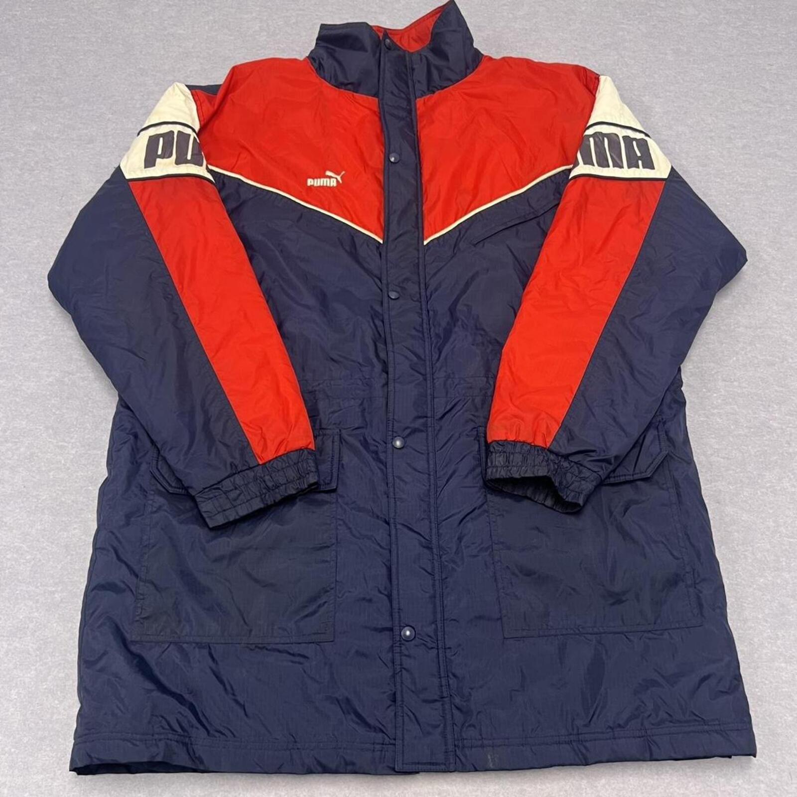 Vintage 80s Puma Sport Men's Navy & Red Padded Stadium Jacket Overcoat XL