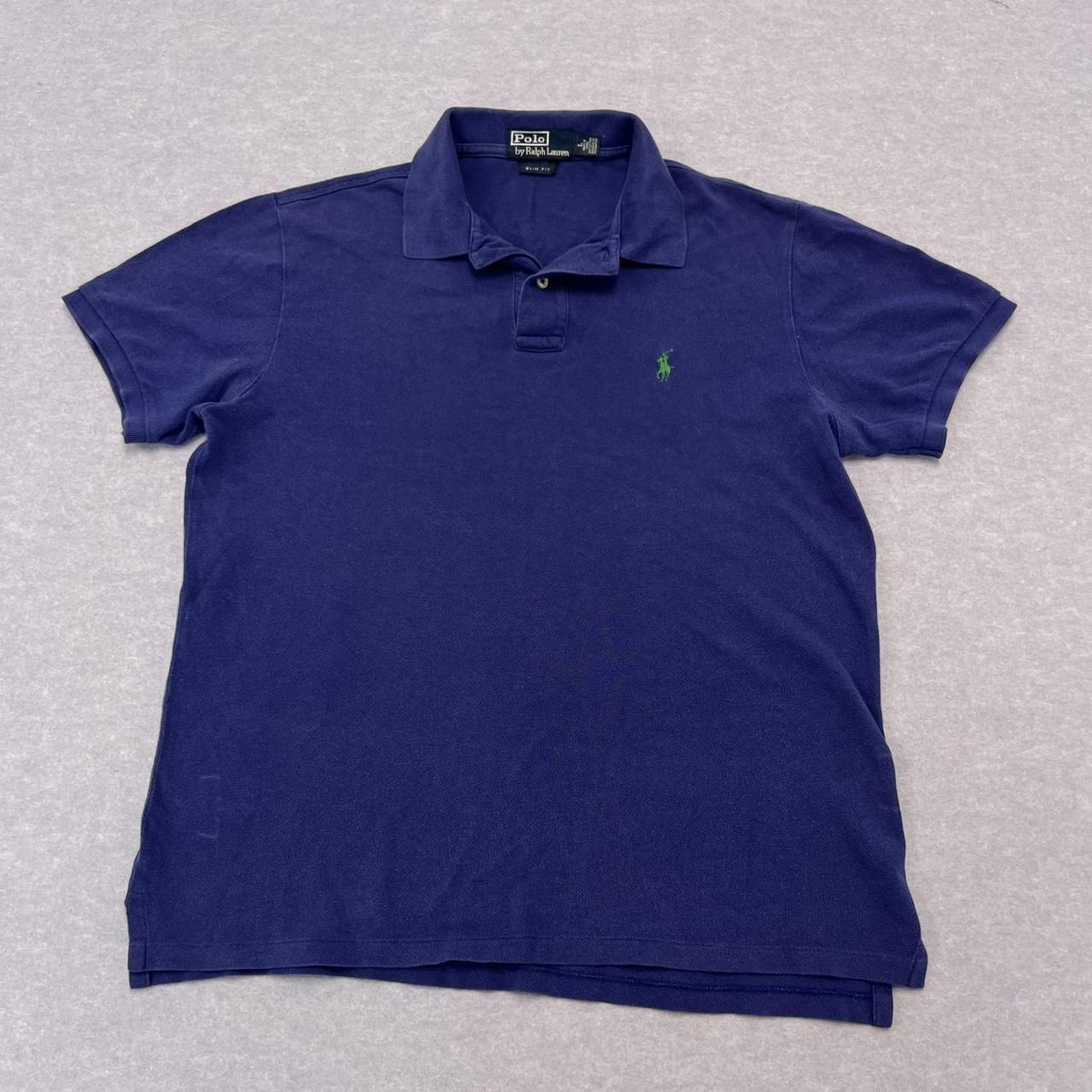 Vintage Polo Ralph Lauren Navy Blue Polo Shirt Green Pony Preppy Men’s Slim Fit Large