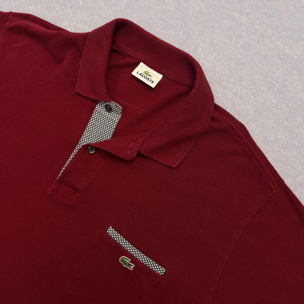 Vintage Lacoste Men's Burgundy Houndstooth Pocket Polo Shirt Preppy Size 7 XXL