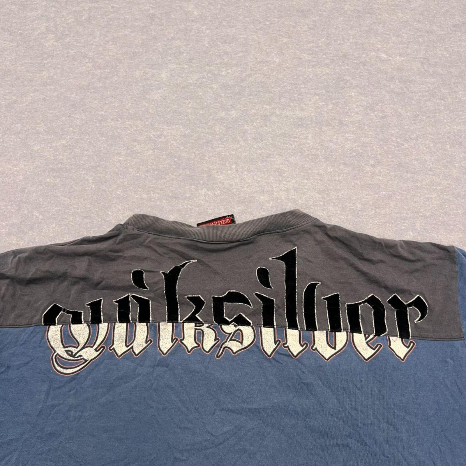 Vintage Quiksilver Surf Men's Blue & Grey Felt Spell-Out Graphic Tee Y2K XL