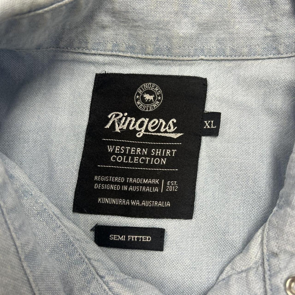 Vintage Ringers Western Light Baby Blue Embroidered Floral Pearl Snap Shirt XL