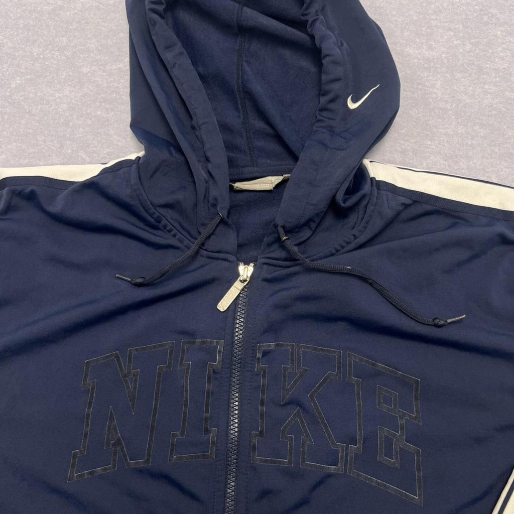 Vintage 2003 Nike Spell Out Men's Navy & White Striped Full Zip Hooded Track Jacket XL