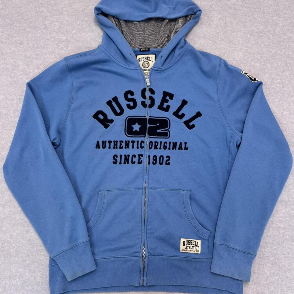 Vintage Russell Athletic Men's Blue & Black Spell Out Patch Full Zip Hoodie XL