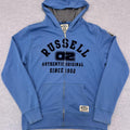 Vintage Russell Athletic Men's Blue & Black Spell Out Patch Full Zip Hoodie XL