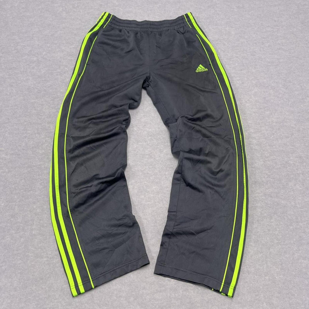 Vintage Adidas Men's Metallic Grey & Neon Green Striped Baggy Track Pants Medium