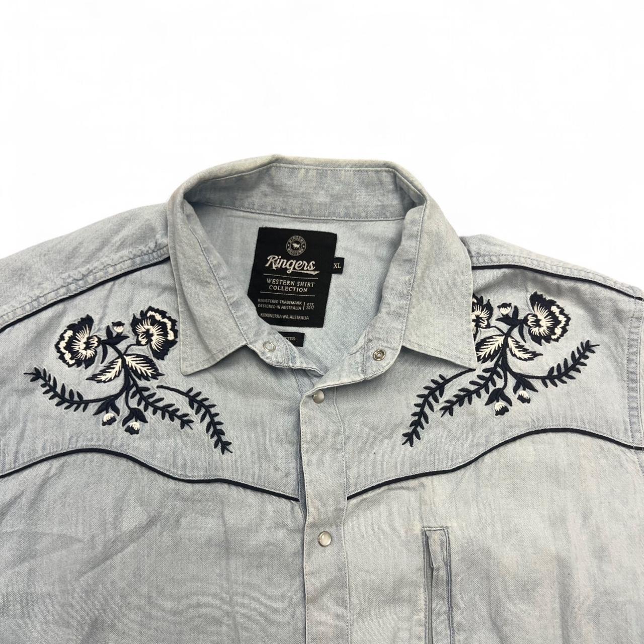 Vintage Ringers Western Light Baby Blue Embroidered Floral Pearl Snap Shirt XL