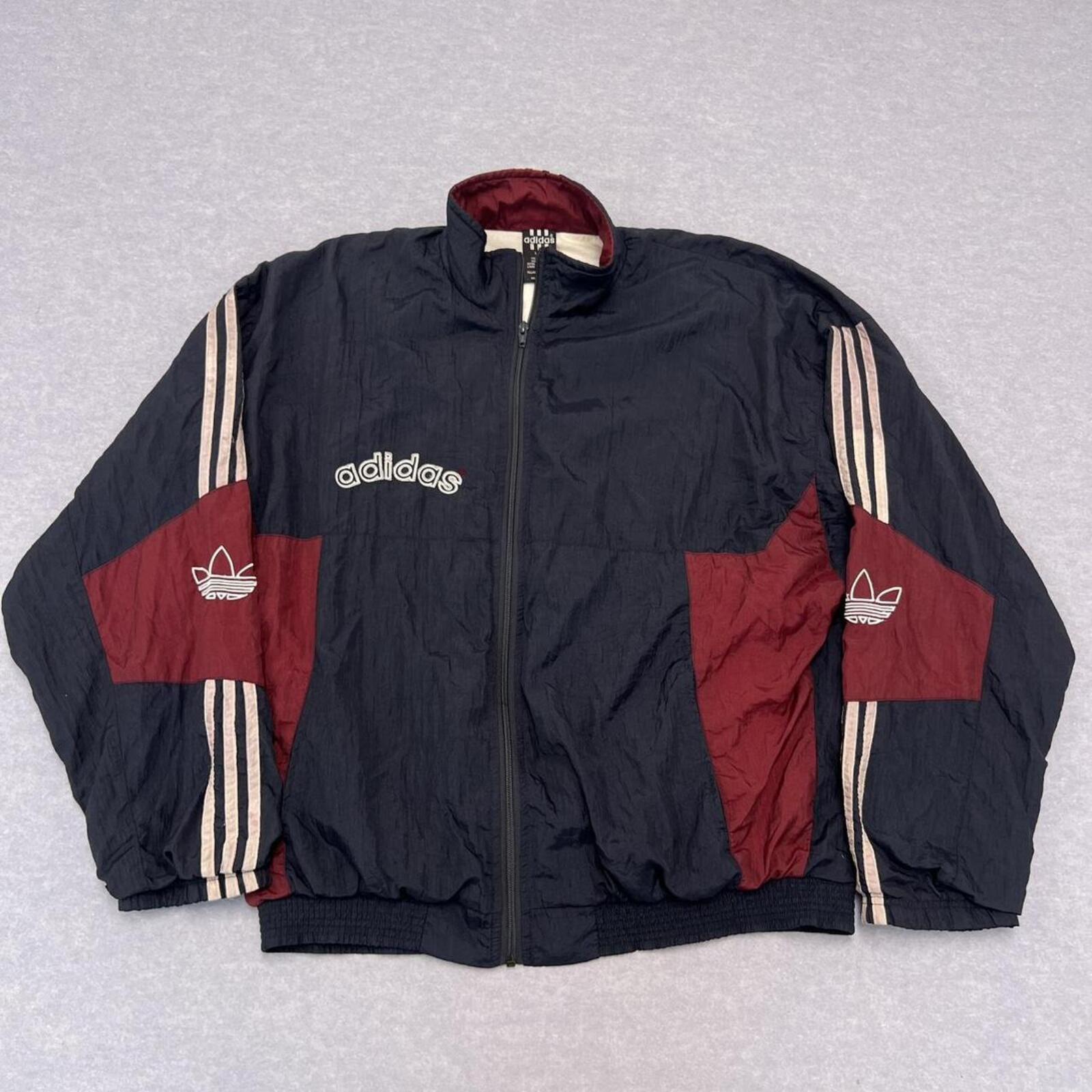 Vintage 90s Adidas Originals Navy & Burgundy ColourBlock SpellOut Windbreaker Track Jacket L