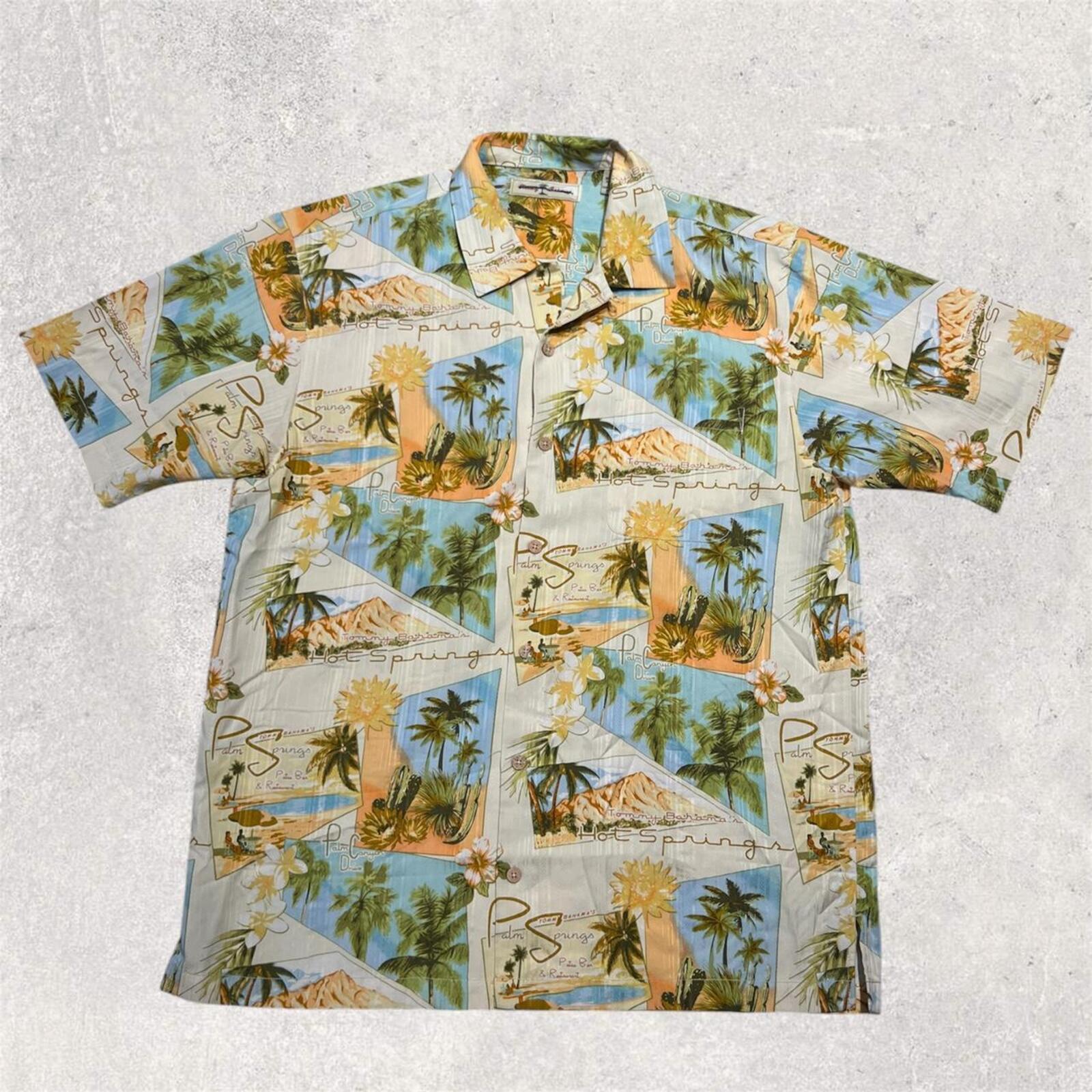 Tommy Bahama Men's 100% Silk Palm Springs Floral Hawaiian Camp Button Up Shirt Tan / Multicoloured Size Medium