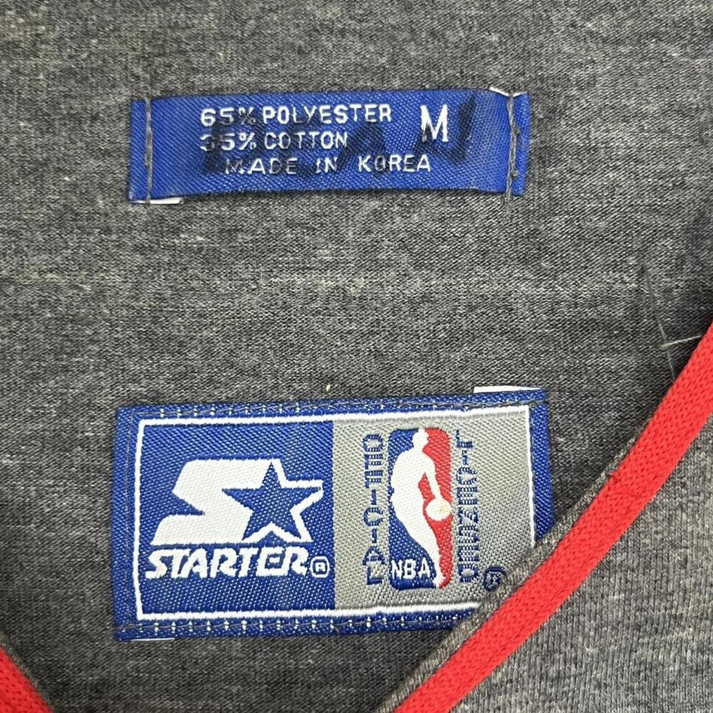 Vintage 90s Starter Chicago Bulls Grey & Red Pinstripe Baseball Style NBA Button Up Jersey Men’s medium.