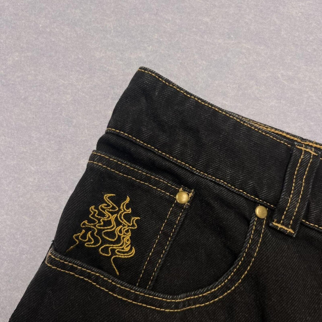Vintage Afends Black Denim Cargo Shorts Flame Embroidery Y2K Men's W36