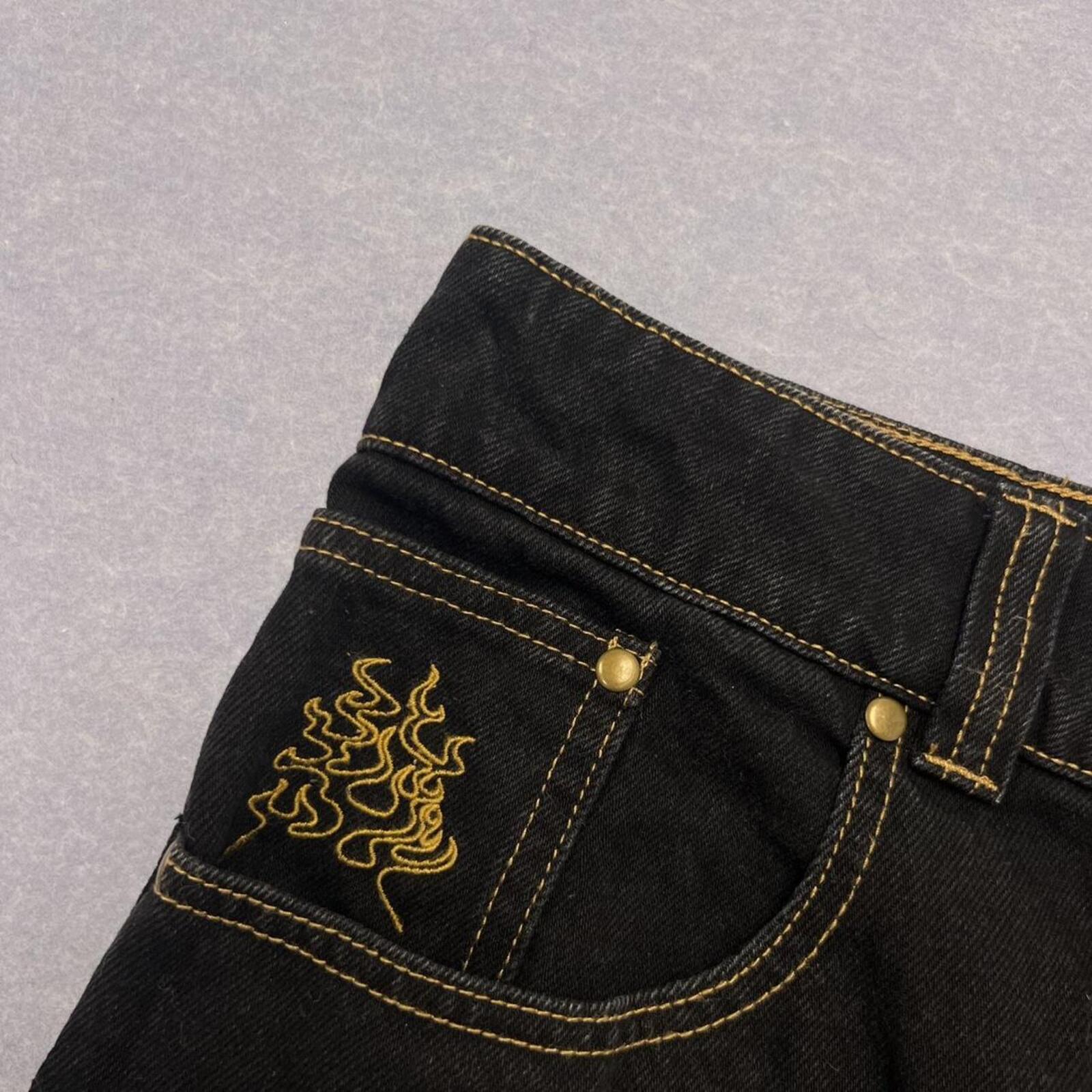 Vintage Afends Black Denim Cargo Shorts Flame Embroidery Y2K Men's W36