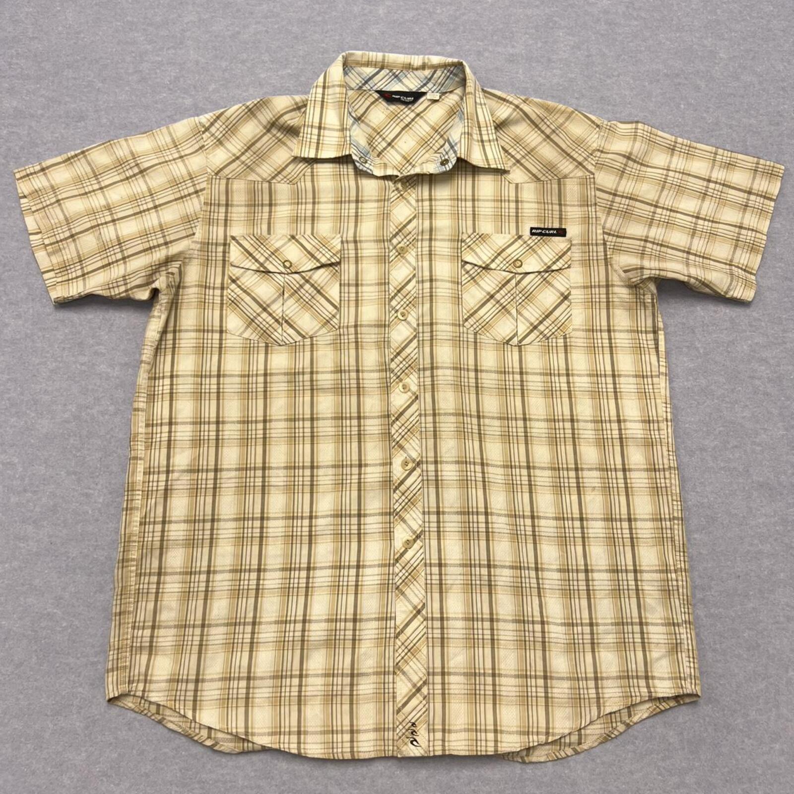Vintage Rip Curl Brown Tan & White Plaid Checkered Y2K Button Up Shirt Men’s XL