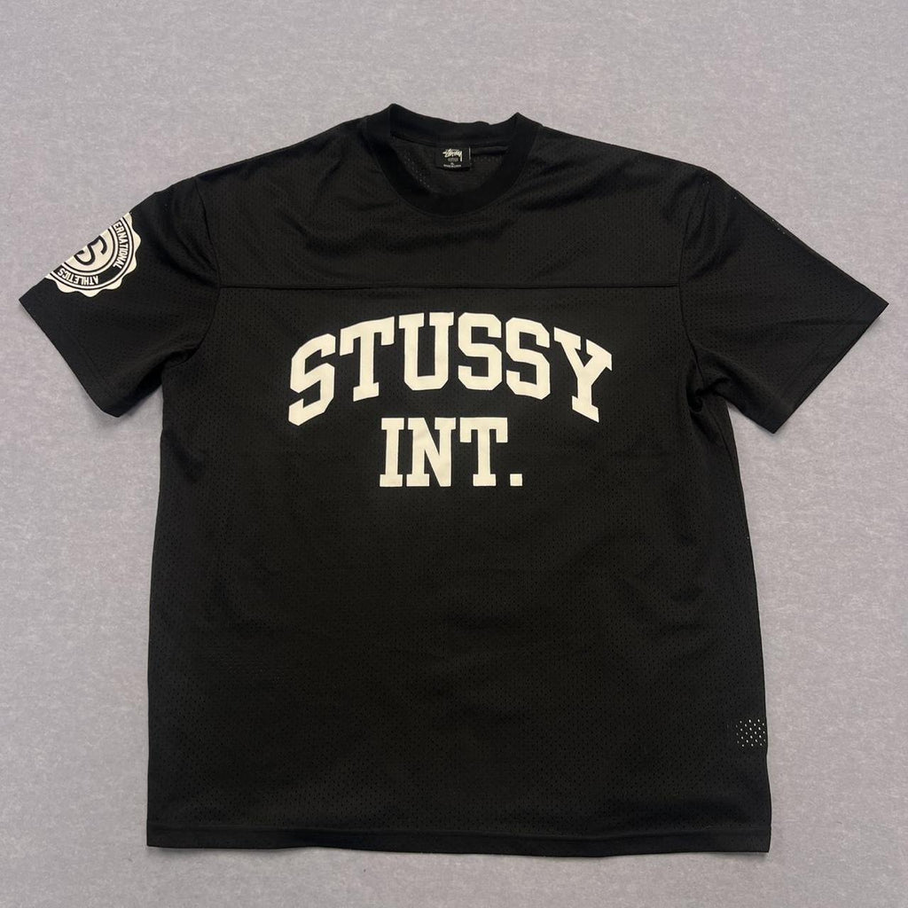 Vintage Stussy International Mesh Graphic NFL Sports Jersey T-Shirt Black XL
