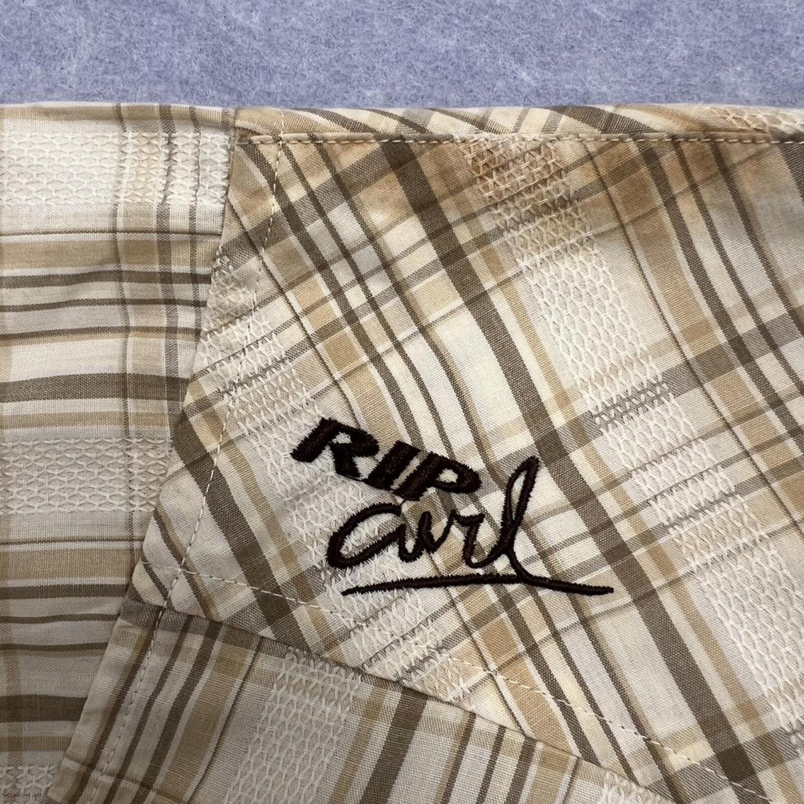 Vintage Rip Curl Brown Tan & White Plaid Checkered Y2K Button Up Shirt Men’s XL