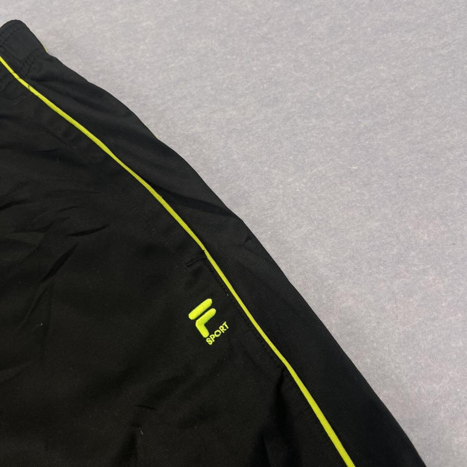 Vintage Fila Sport Men's Black & Neon Yellow Piping Baggy Track Pants Large