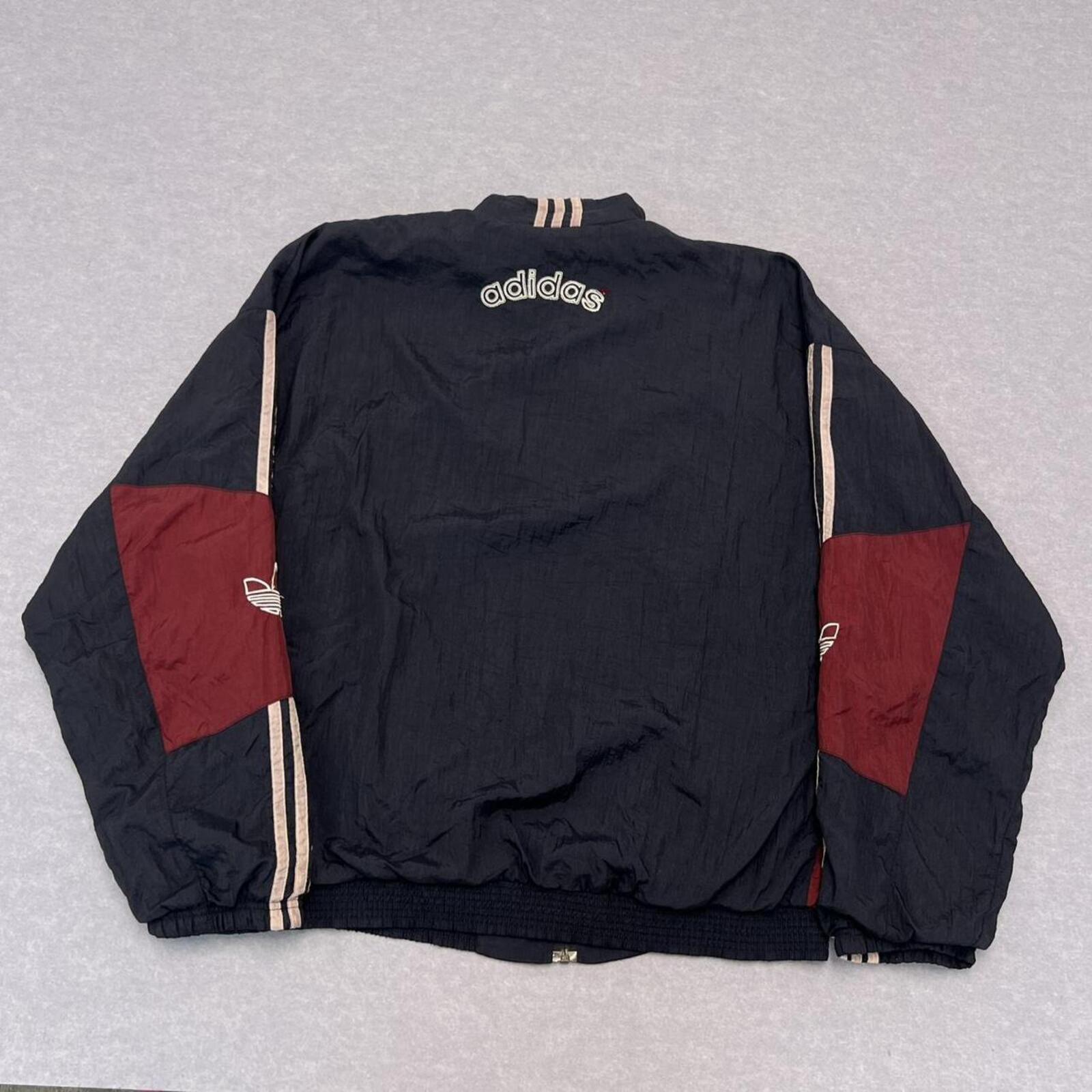 Vintage 90s Adidas Originals Navy & Burgundy ColourBlock SpellOut Windbreaker Track Jacket L