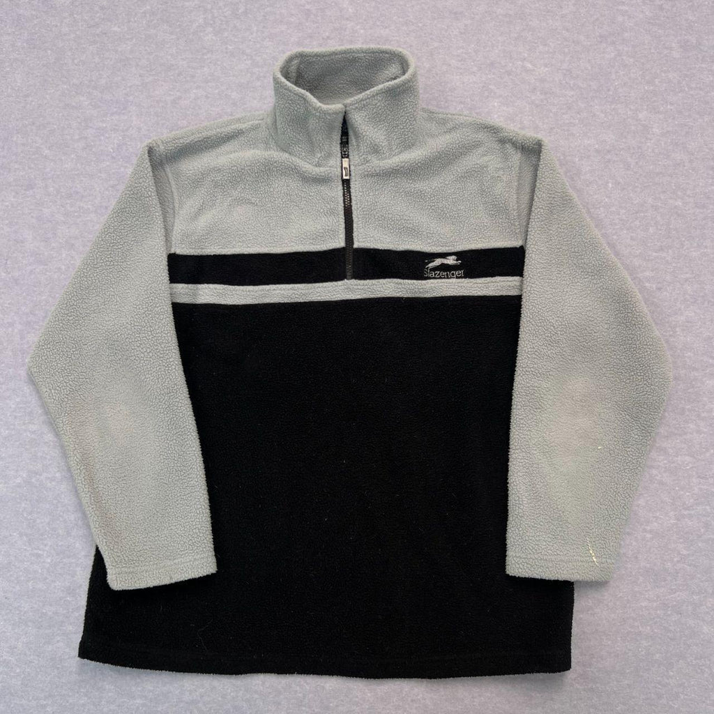 Vintage 1990s Slazenger Grey & Black 1/4 Zip Fleece Jumper Oversized Small