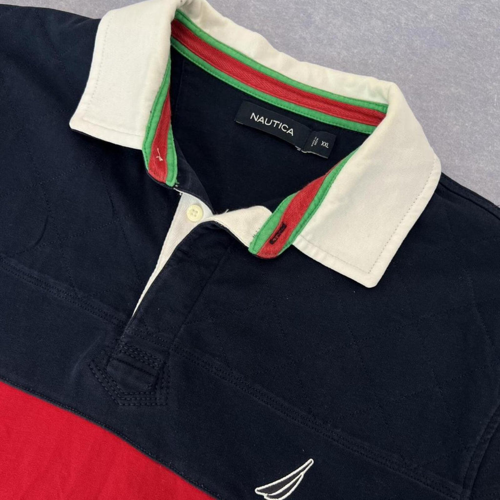 Vintage 90’s Nautica Men’s Navy Blue & Red Colour Block Striped Rugby Polo XXL