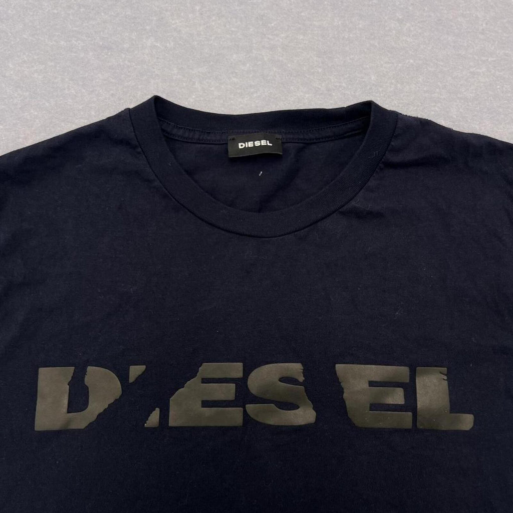 Vintage Diesel Dark Navy Blue Tonal Spell Out Logo Graphic T-Shirt Men's Large