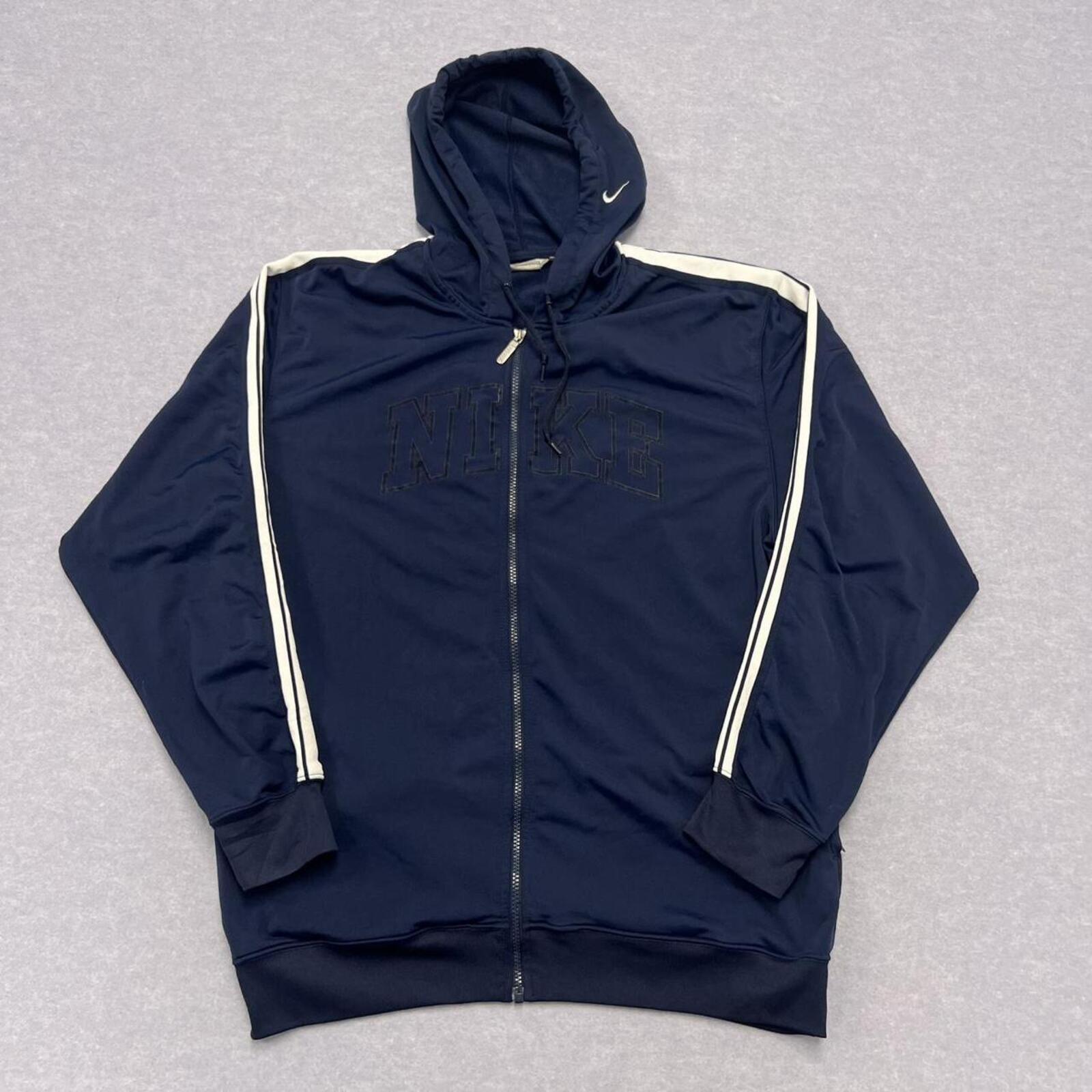 Vintage 2003 Nike Spell Out Men's Navy & White Striped Full Zip Hooded Track Jacket XL