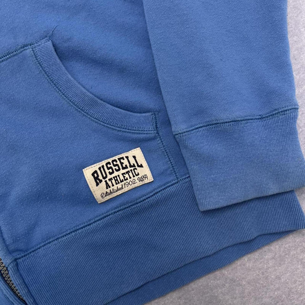 Vintage Russell Athletic Men's Blue & Black Spell Out Patch Full Zip Hoodie XL