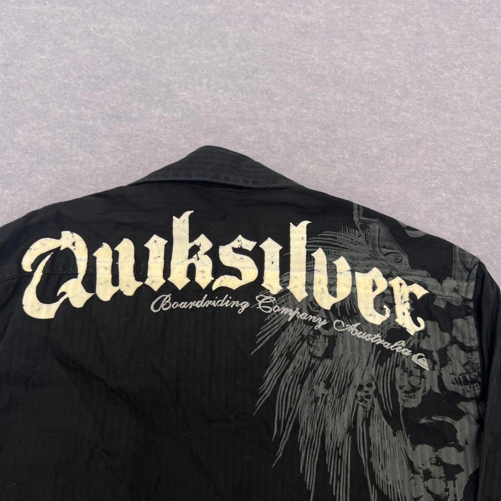 Vintage Quiksilver Surf Black Pinstripe L/S Shirt Skull Graphic Youth Boys 10
