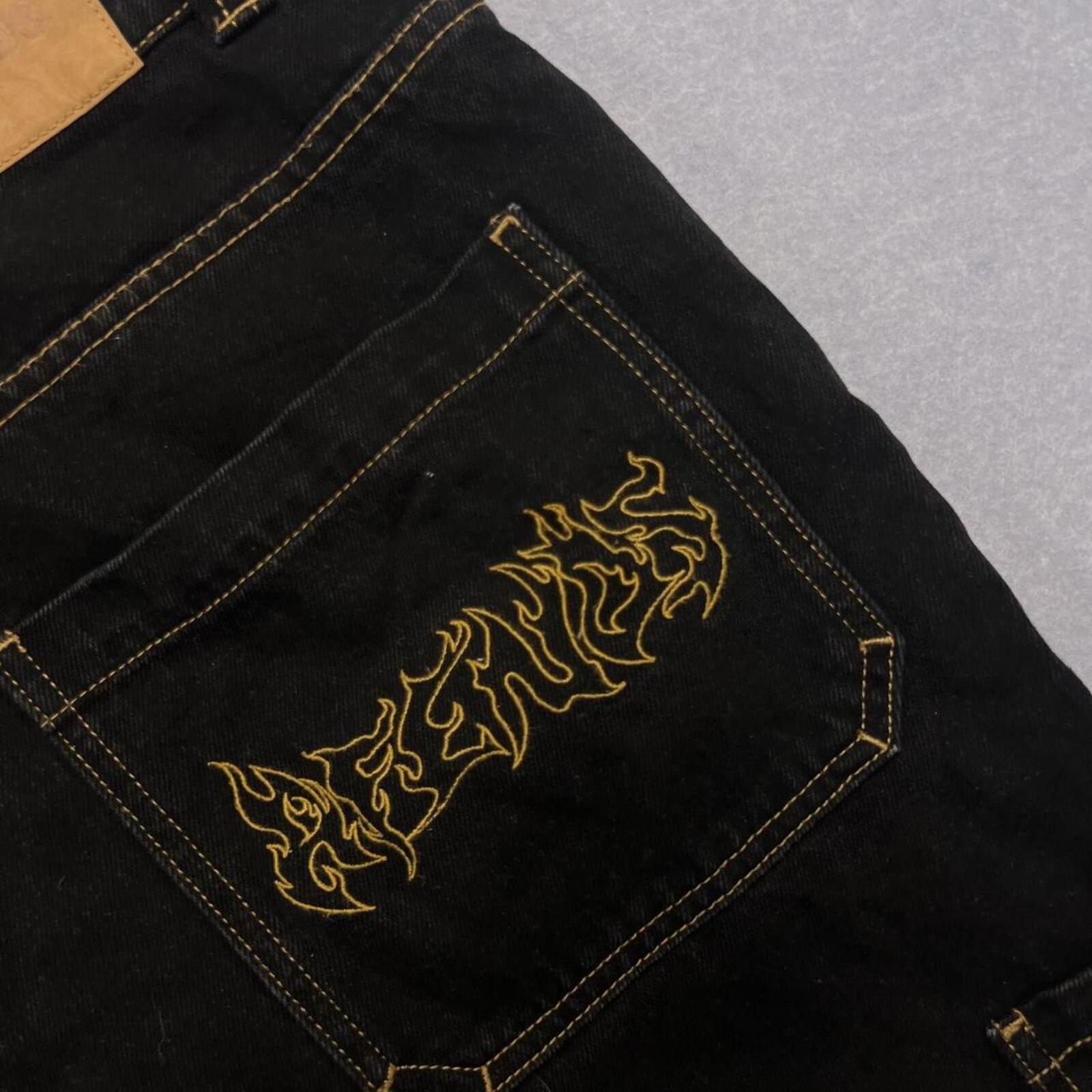 Vintage Afends Black Denim Cargo Shorts Flame Embroidery Y2K Men's W36