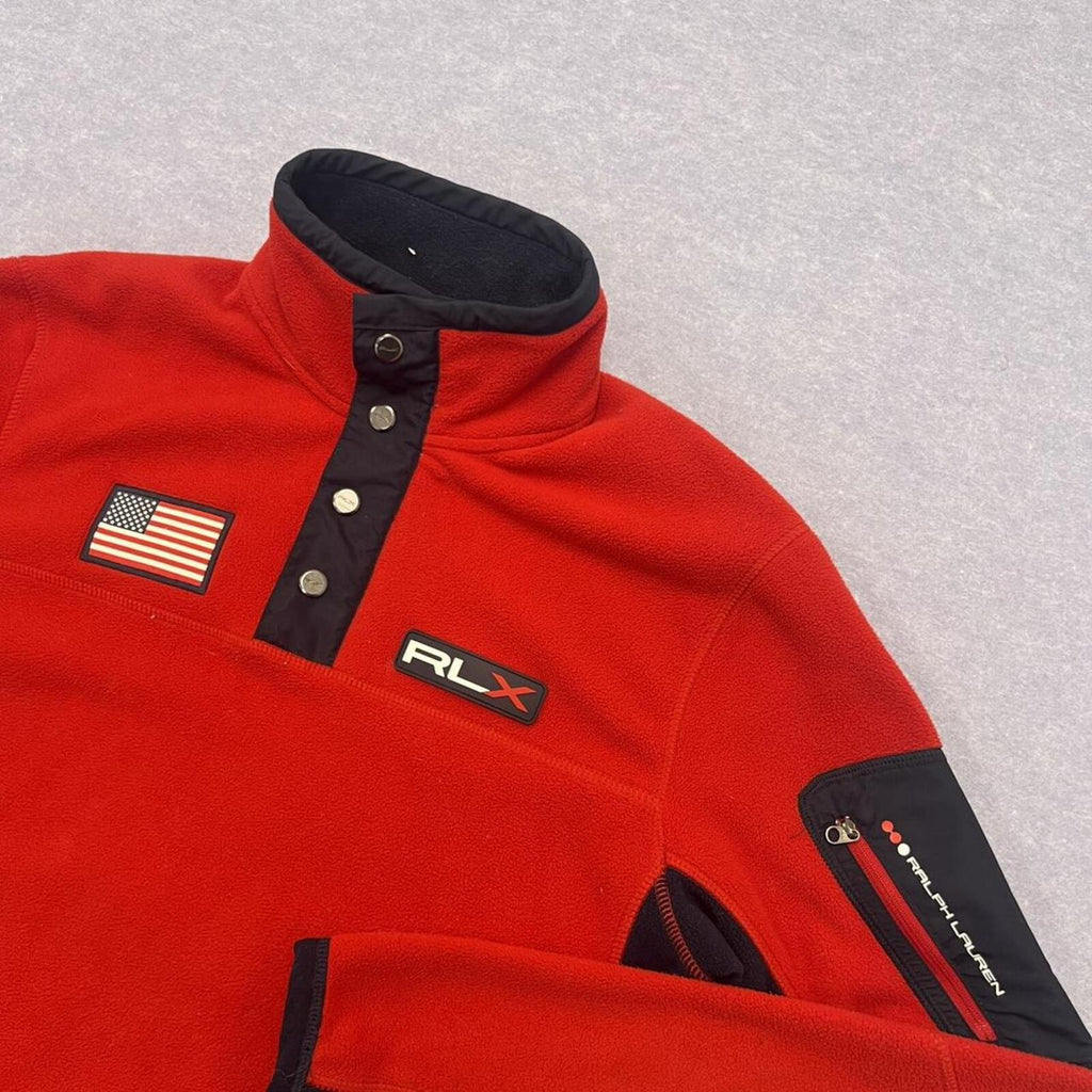 RLX Ralph Lauren Men's Red & Navy Fleece 1/4 Snap Pullover USA Flag Jumper Small