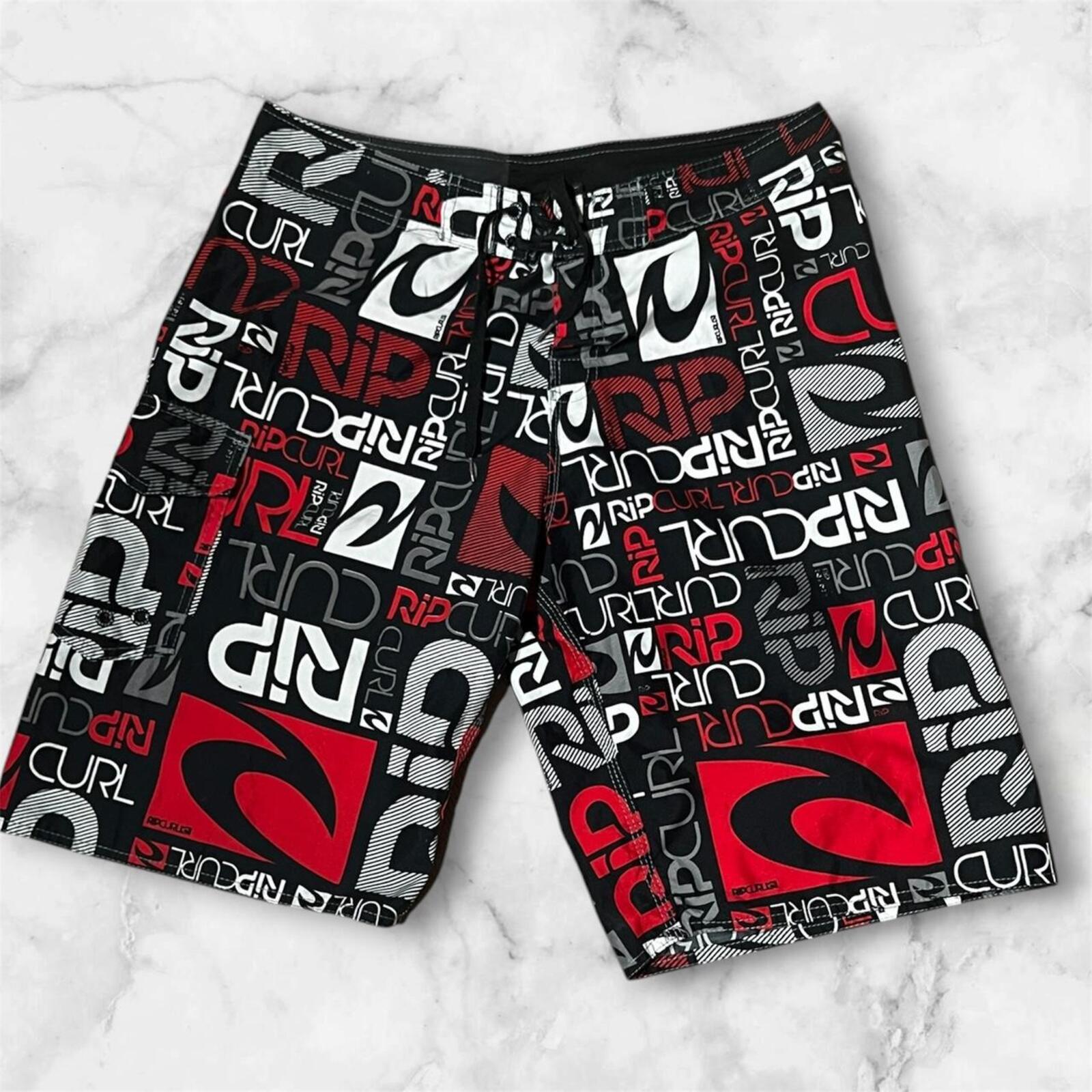 Vintage Rip Curl AOP Logo BoardShorts Red, White & Black Y2K Men’s Size 36”