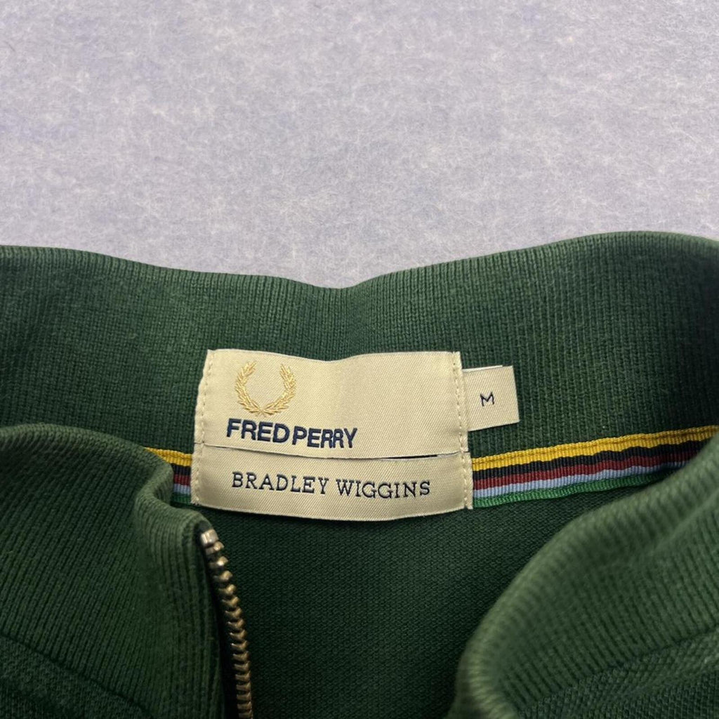 Fred Perry x Bradley Wiggins Cycling Green Striped 1/4 Zip  Polo Mens Medium