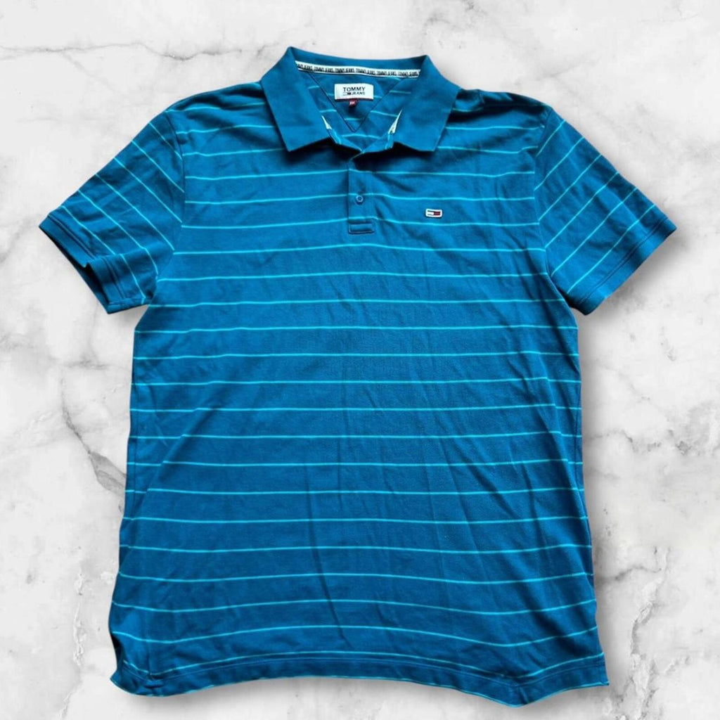 Vintage Tommy Jeans Tommy Hilfiger Men’s Blue & Aqua Striped Preppy Polo XXL