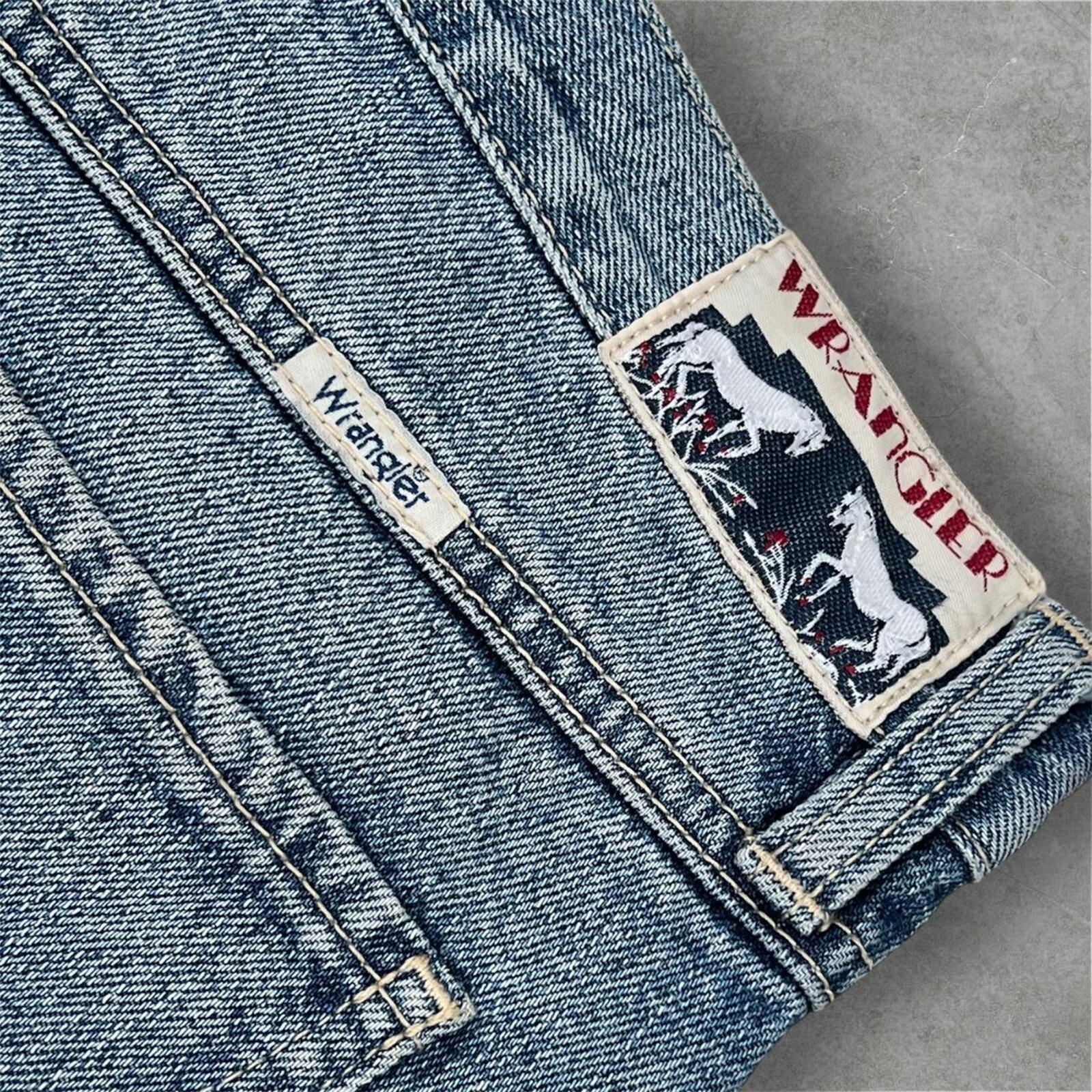 Vintage Women’s Wrangler Navy Denim Distressed Mini / Short Shorts Horses Logo Size 10