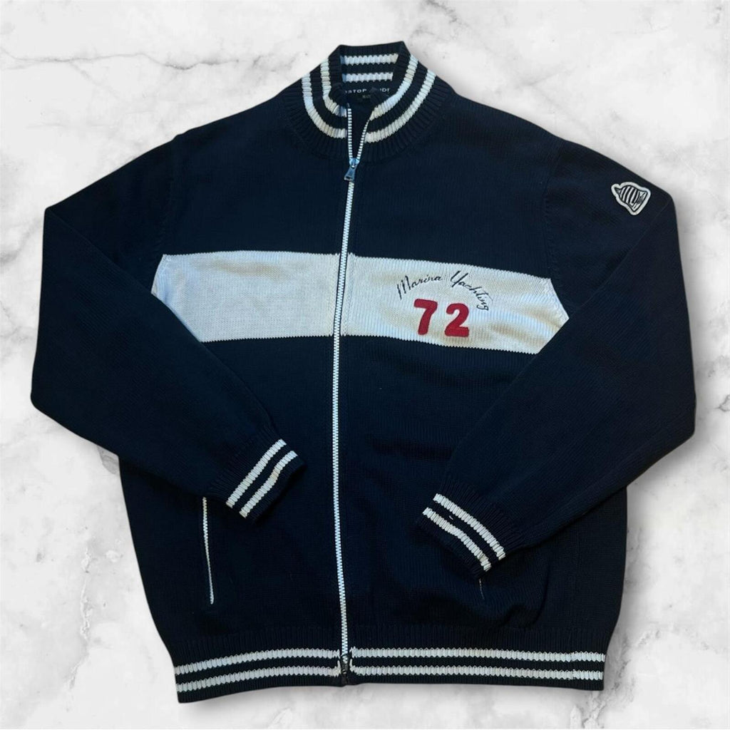 Vintage Men’s Marina Yachting Full Zip Knit Sweater Jumper Navy & White XXL