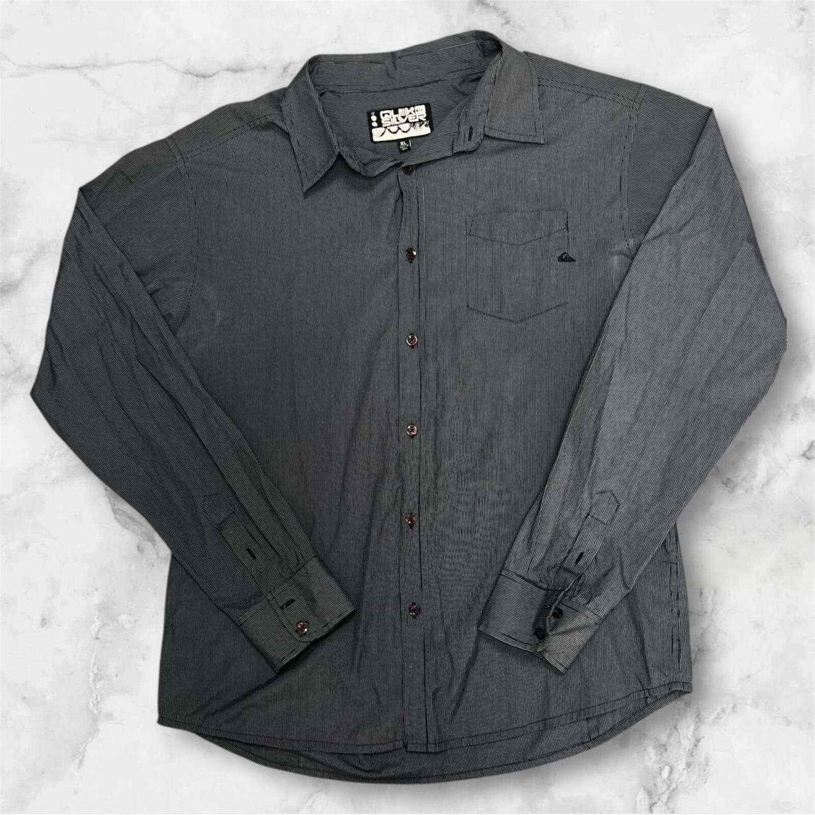 Vintage Quiksilver Surf Men’s Navy & White Pinstripe Spell-Out Button Up Longsleeve Shirt Y2K XL