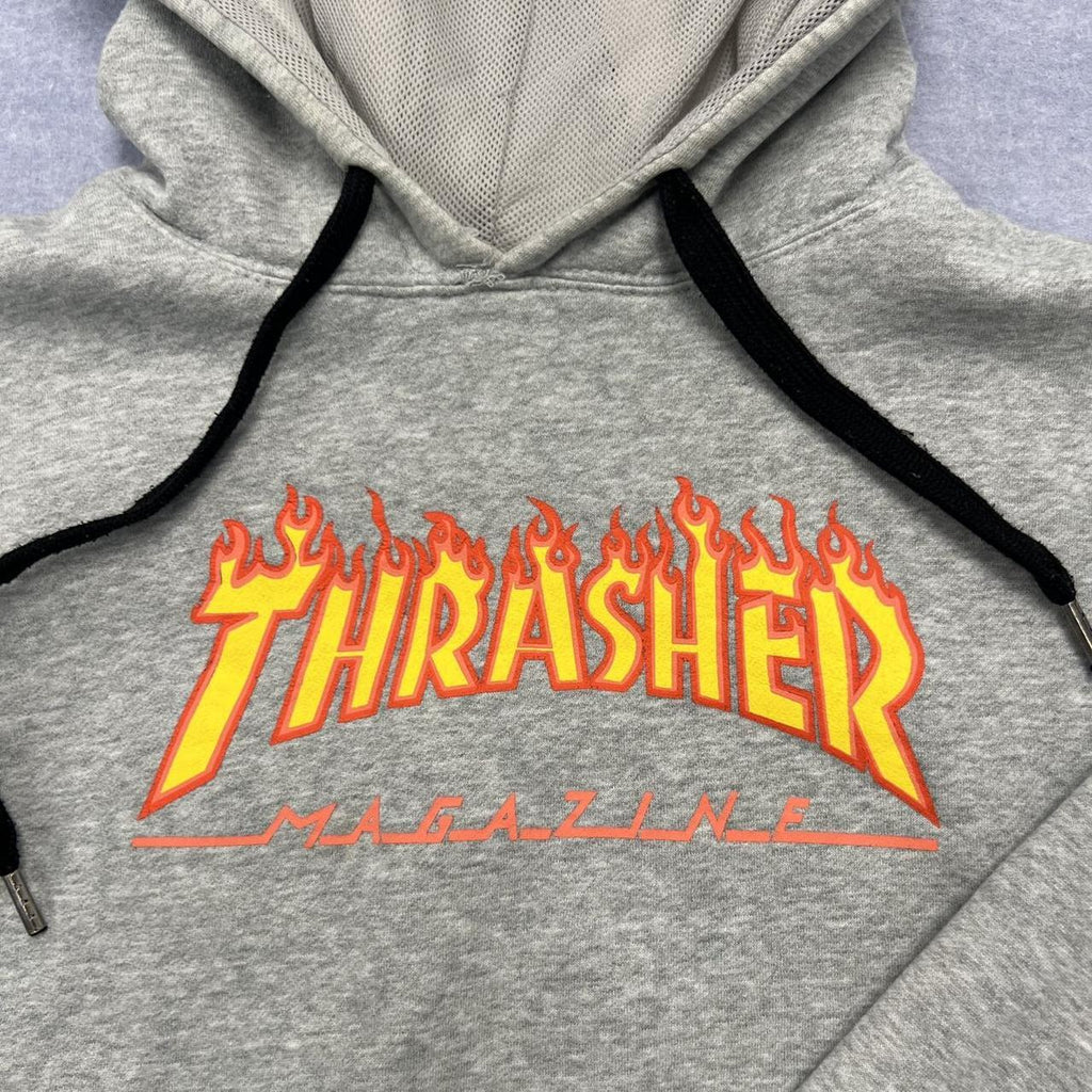 Vintage 90’s Thrasher Magazine Skateboards Flame Logo Grey Skater Hoodie Fits XL