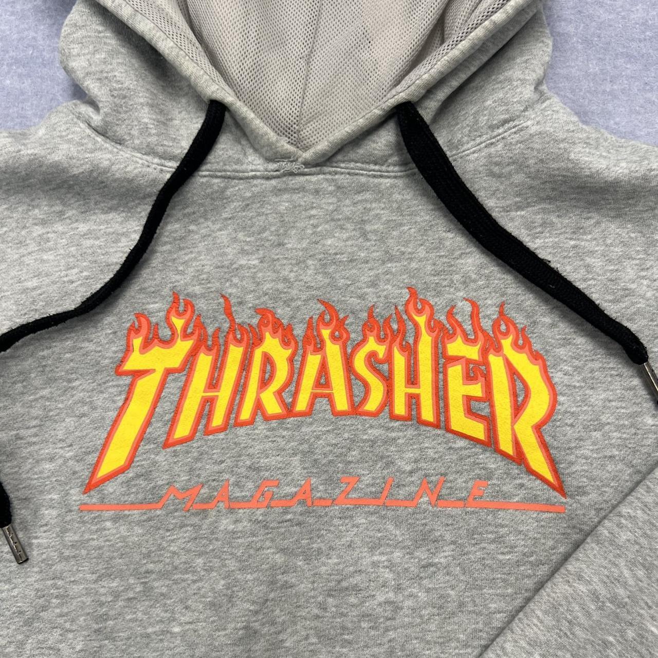 Vintage 90’s Thrasher Magazine Skateboards Flame Logo Grey Skater Hoodie Fits XL