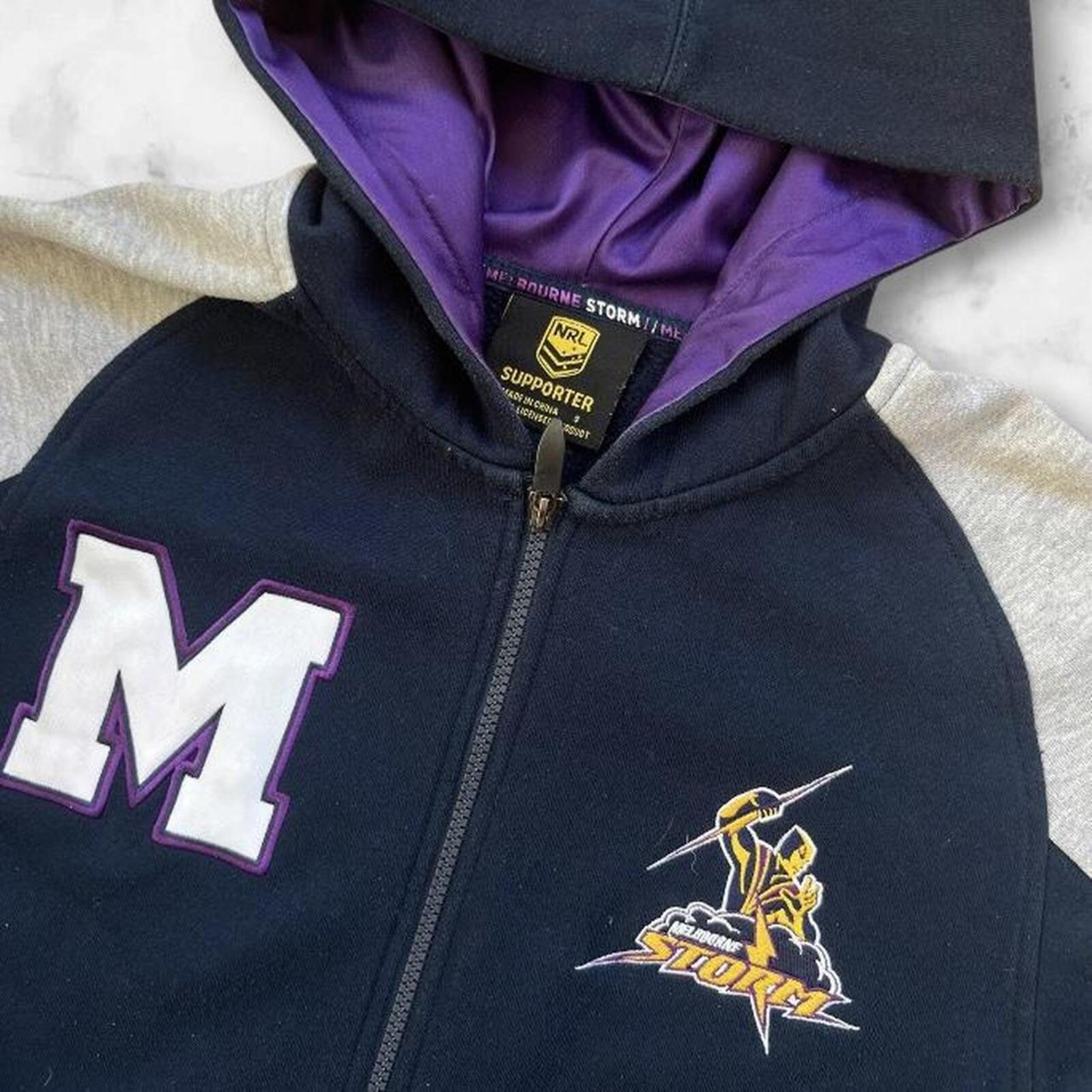Vintage 2004 Melbourne Storm Men’s Grey & Purple Spell Out Supporter Y2K Full Zip Hoodie Small