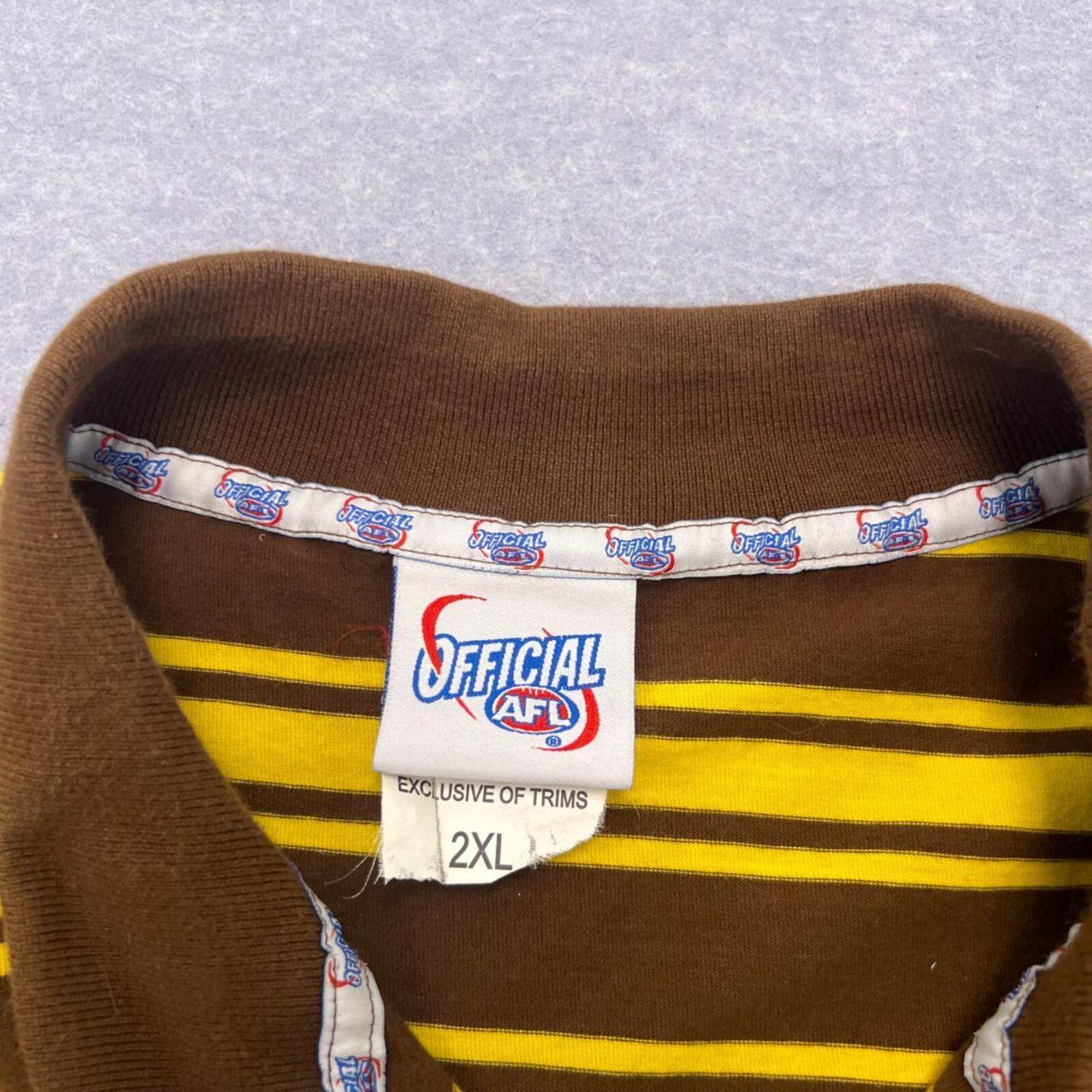 Vintage Hawthorn Hawks AFL Official Striped Polo Shirt Brown & Gold Y2K XXL