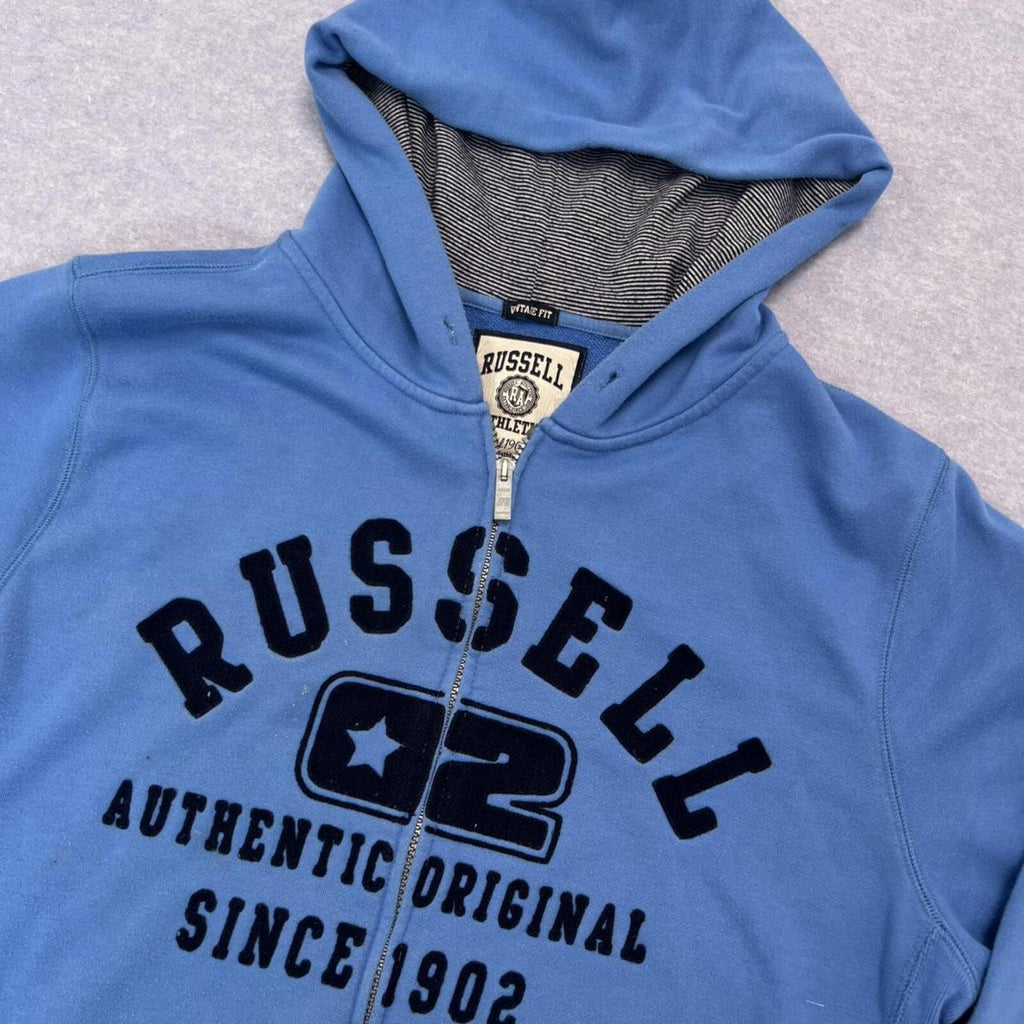 Vintage Russell Athletic Men's Blue & Black Spell Out Patch Full Zip Hoodie XL