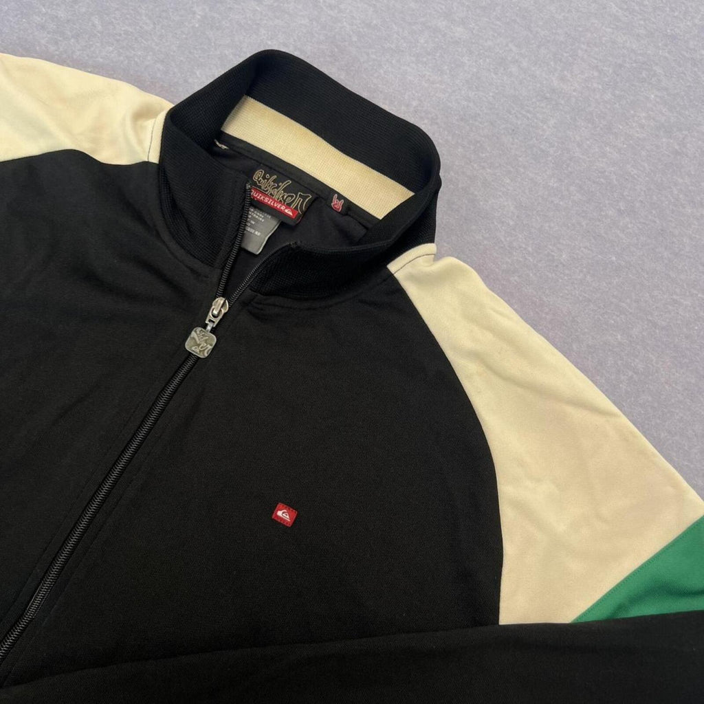 Vintage 90s Quiksilver Surf Full Zip Track Jacket Black White & Green XL Y2K