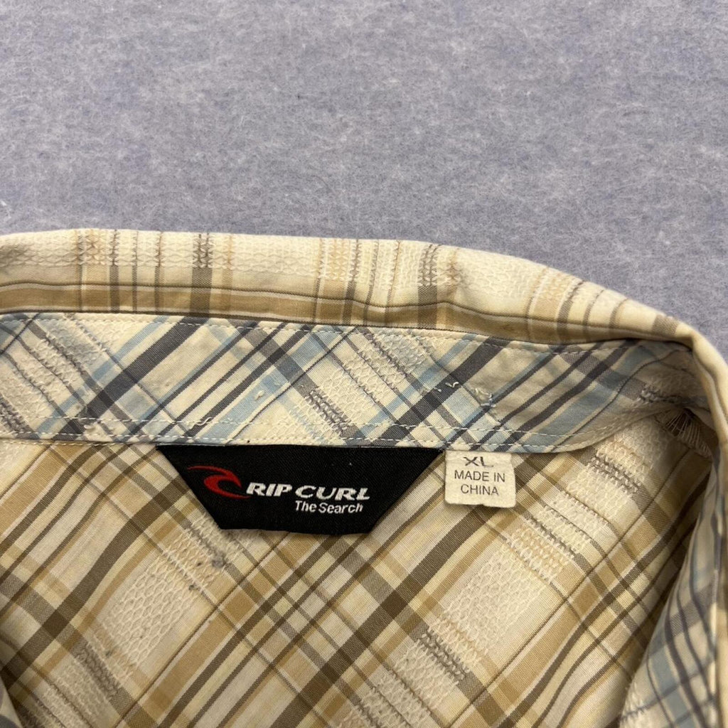 Vintage Rip Curl Brown Tan & White Plaid Checkered Y2K Button Up Shirt Men’s XL