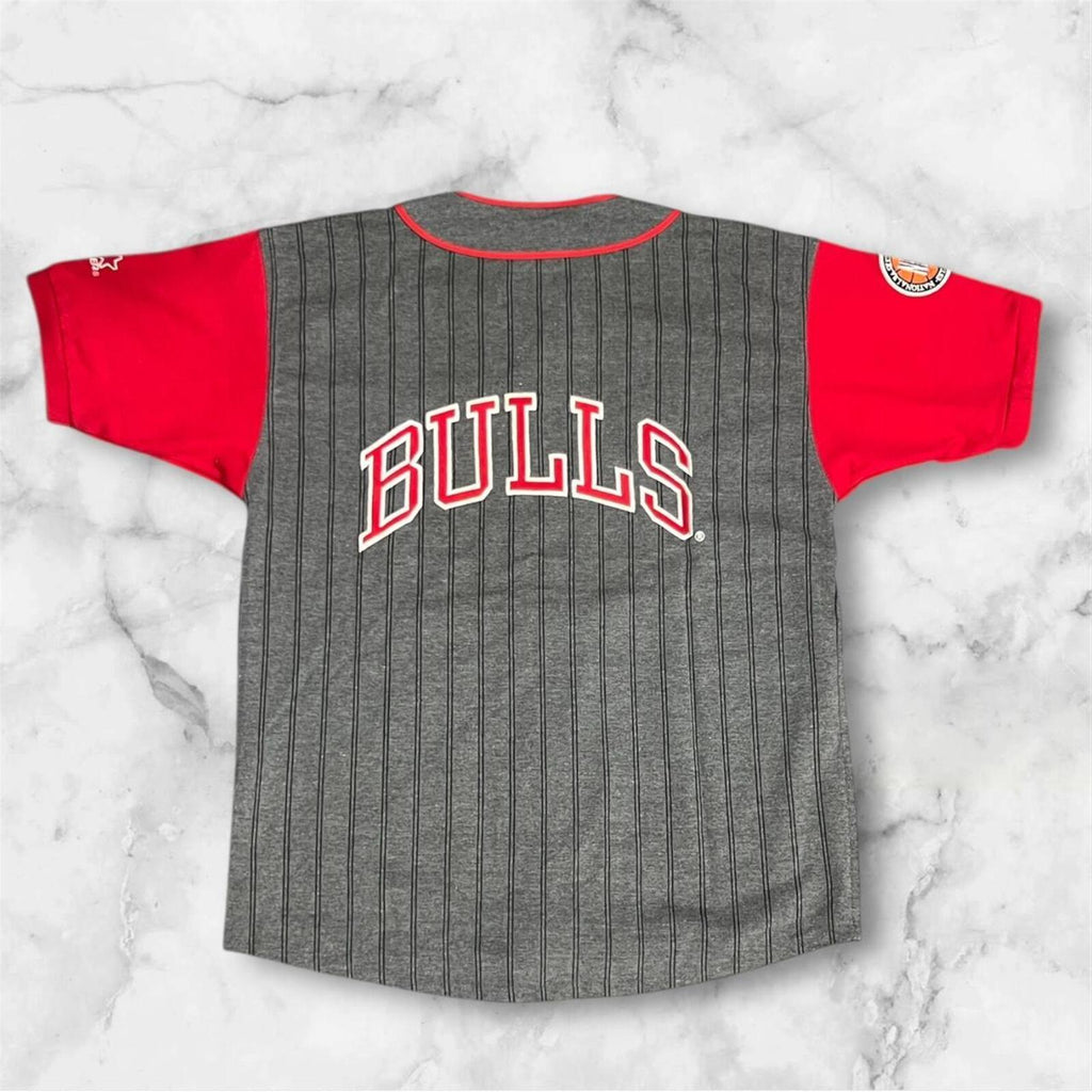 Vintage 90s Starter Chicago Bulls Grey & Red Pinstripe Baseball Style NBA Button Up Jersey Men’s medium.