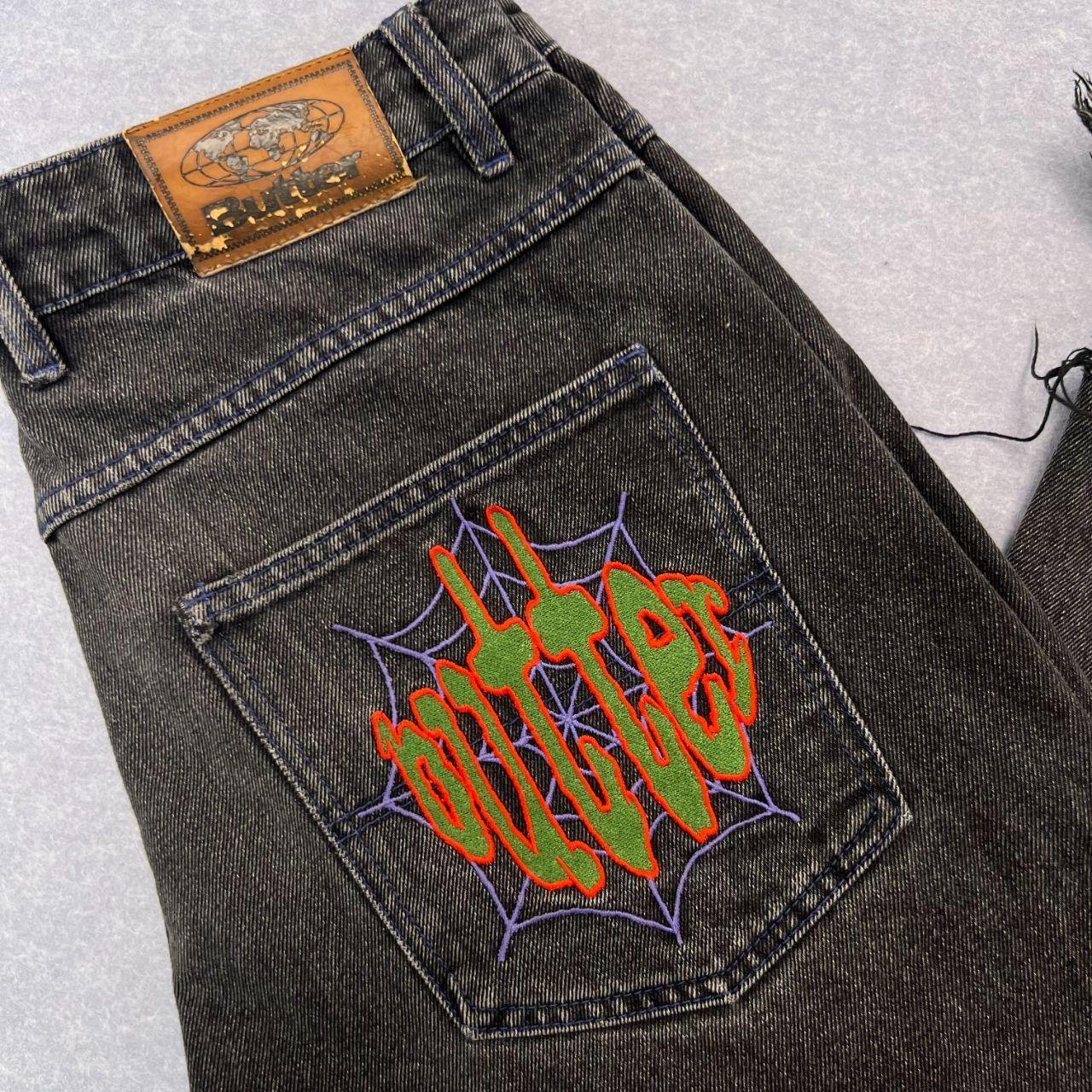 Vintage Butter Streetwear Very Baggy Spider Web Denim Charcoal Distressed Jeans Thrashed Hem Skater Men's W28"