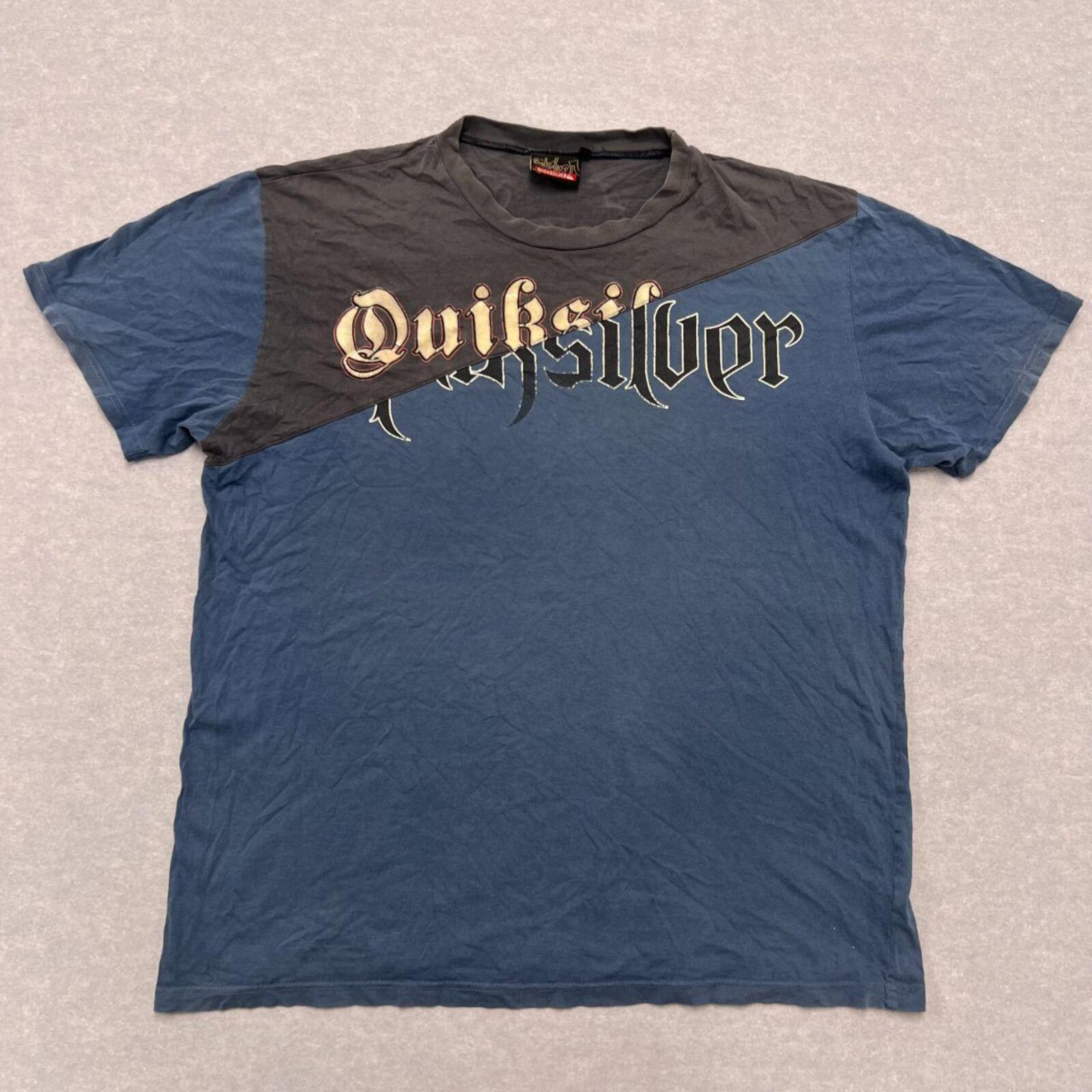 Vintage Quiksilver Surf Men's Blue & Grey Felt Spell-Out Graphic Tee Y2K XL