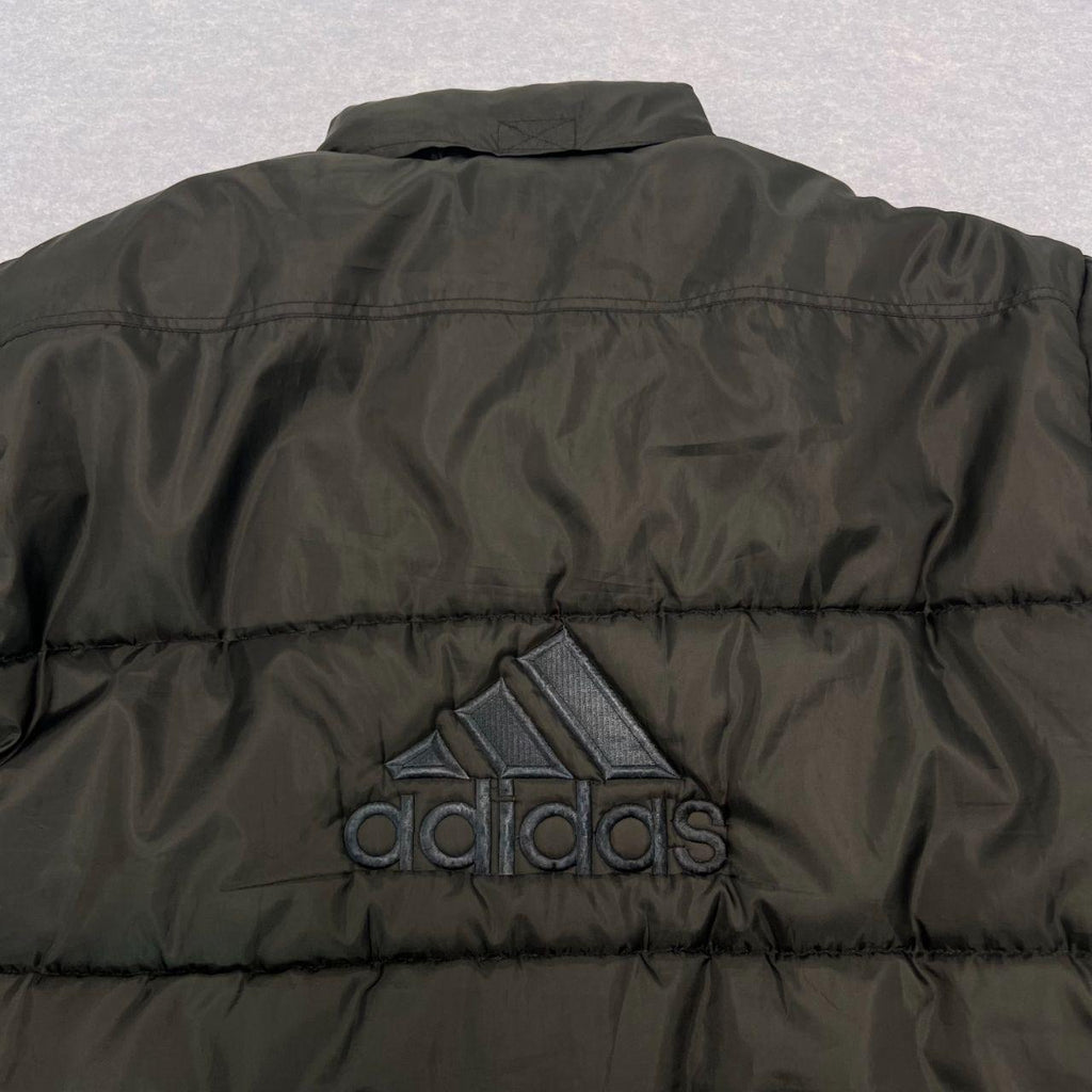 Vintage 1990s Adidas Black Large Logo Full Zip Puffer Jacket Oversized Medium