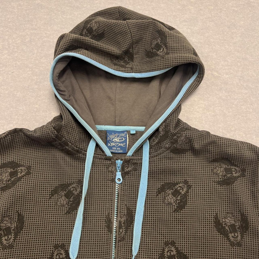 Vintage Wave Zone Surf Grey Skull Graphic AOP Full Zip Hoodie Y2K Mens XXL