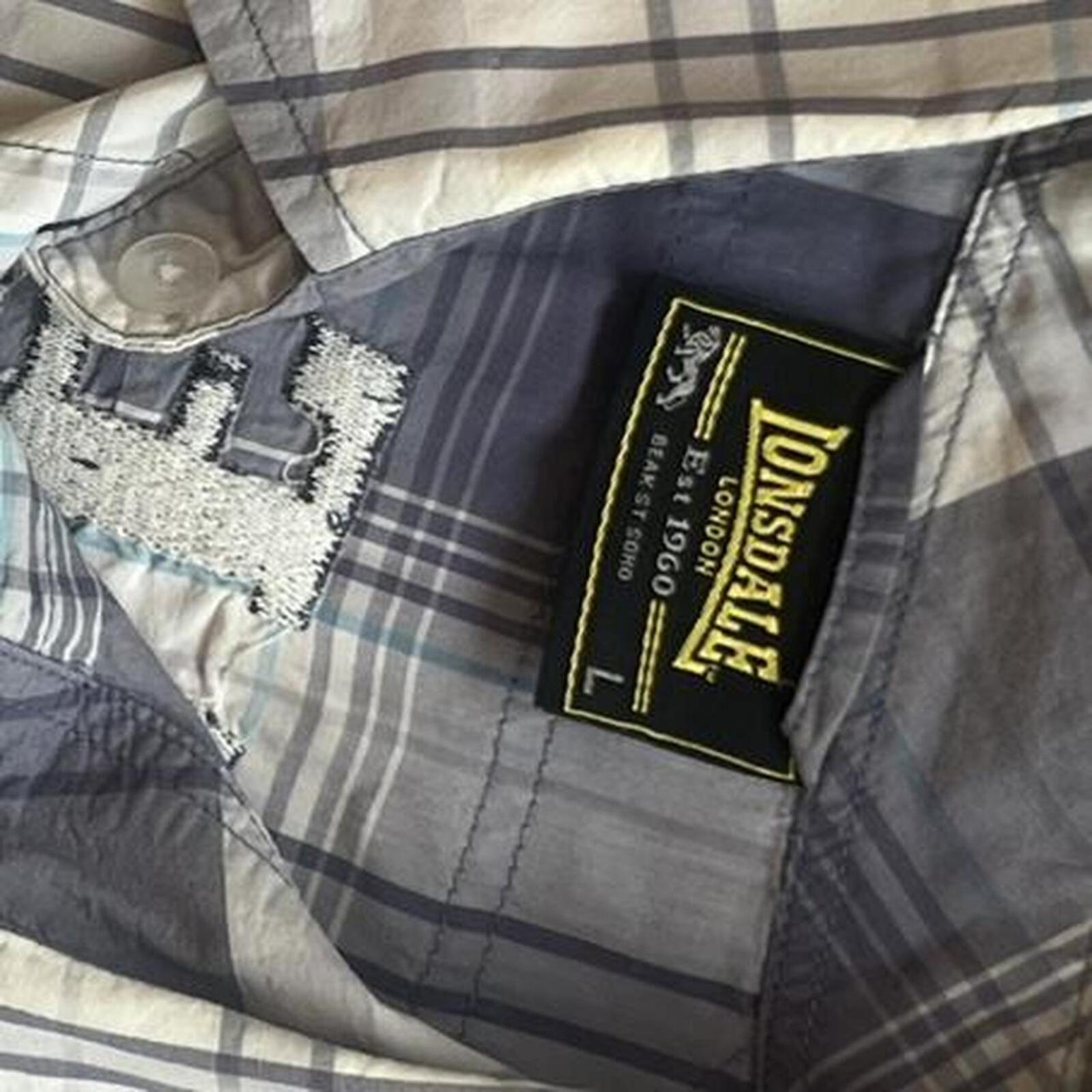 Vintage Lonsdale Blue & White Plaid Button Up Embroidered Polo Shirt Men’s Large