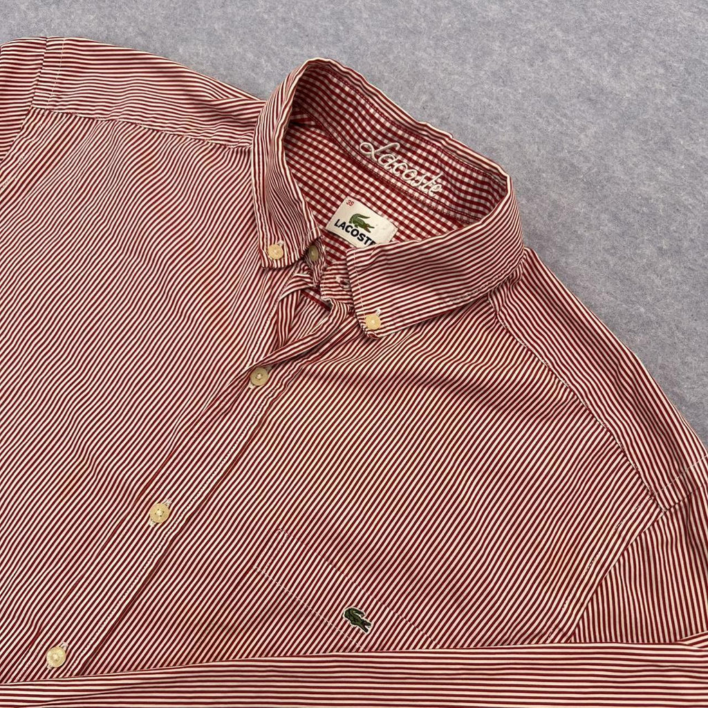 Vintage 90’s Lacoste Men's Red & White Striped Long Sleeve Button Up Shirt Preppy Size 39 / Medium