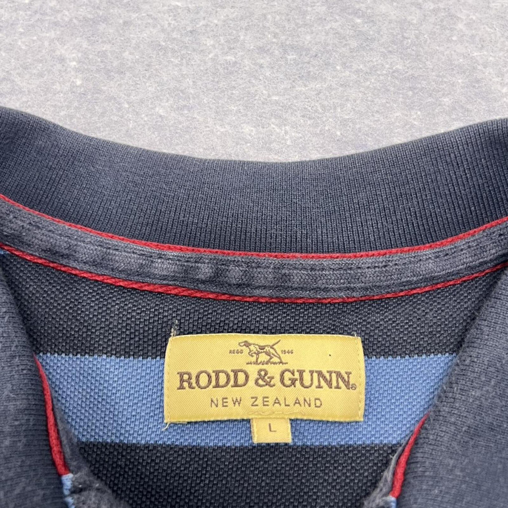 Vintage Rodd & Gunn Men’s Navy & Blue Striped Polo (Navy Dog) Preppy Large
