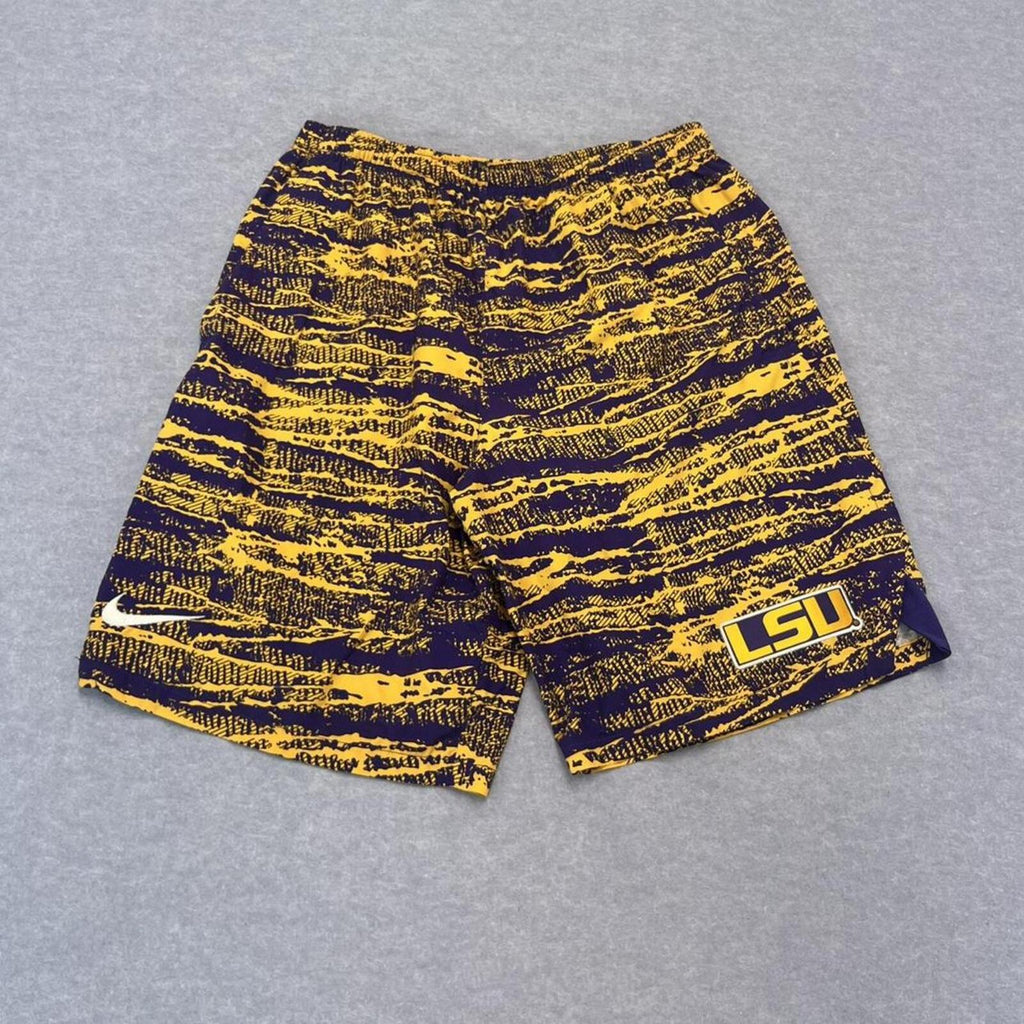 Nike LSU Tigers NCAA Yellow & Purple AOP Camouflage Sports Shorts Men’s Medium